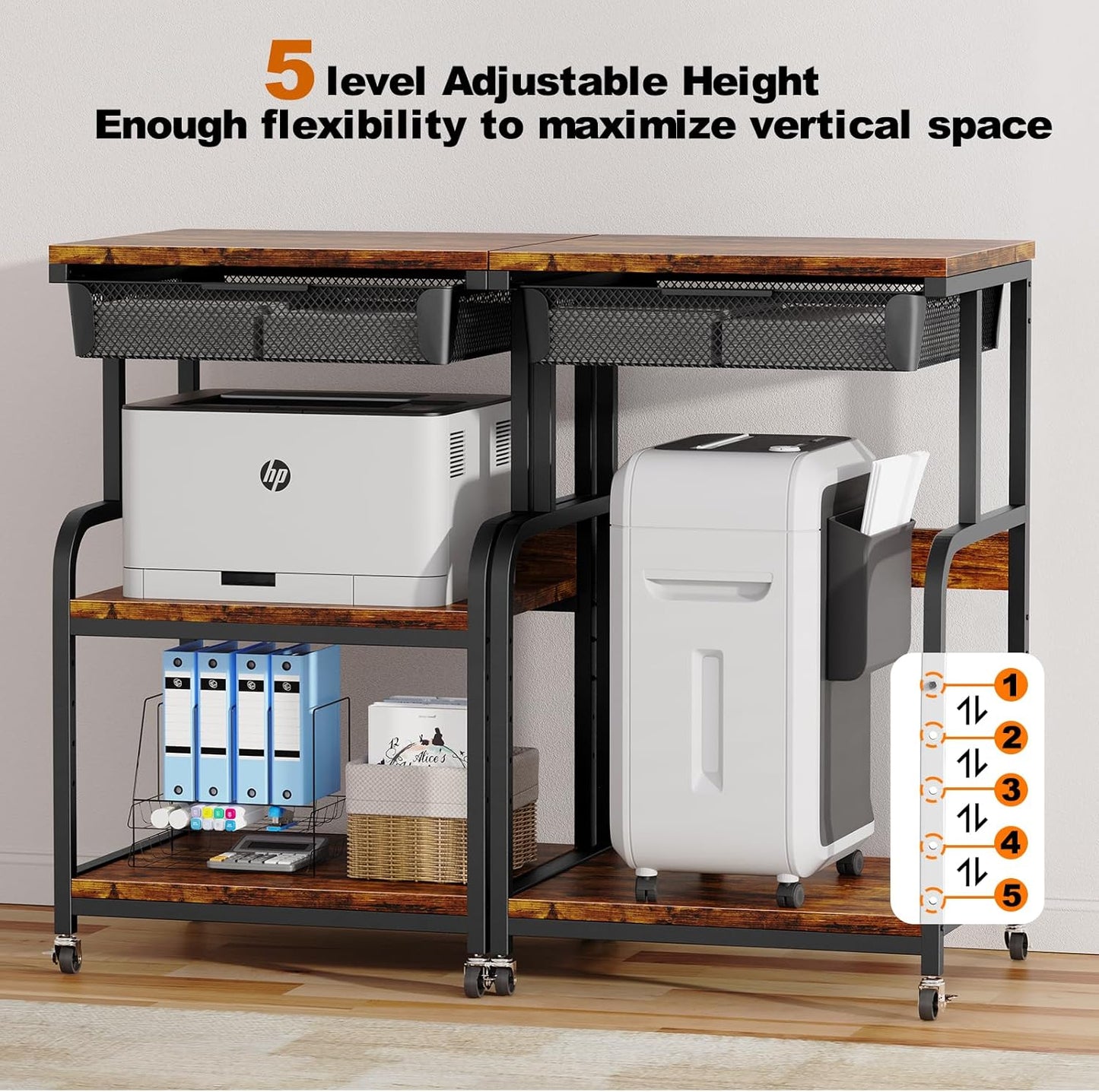 EasyCom Large Printer Stand with Storage Drawer, 5 Adjustable Shelf & 3-Tier Rolling Cart with Industrial Wheels for Desk, Mobile Printer Table for Home Office Fits 3D Printer Scanner Fax Rustic Brown