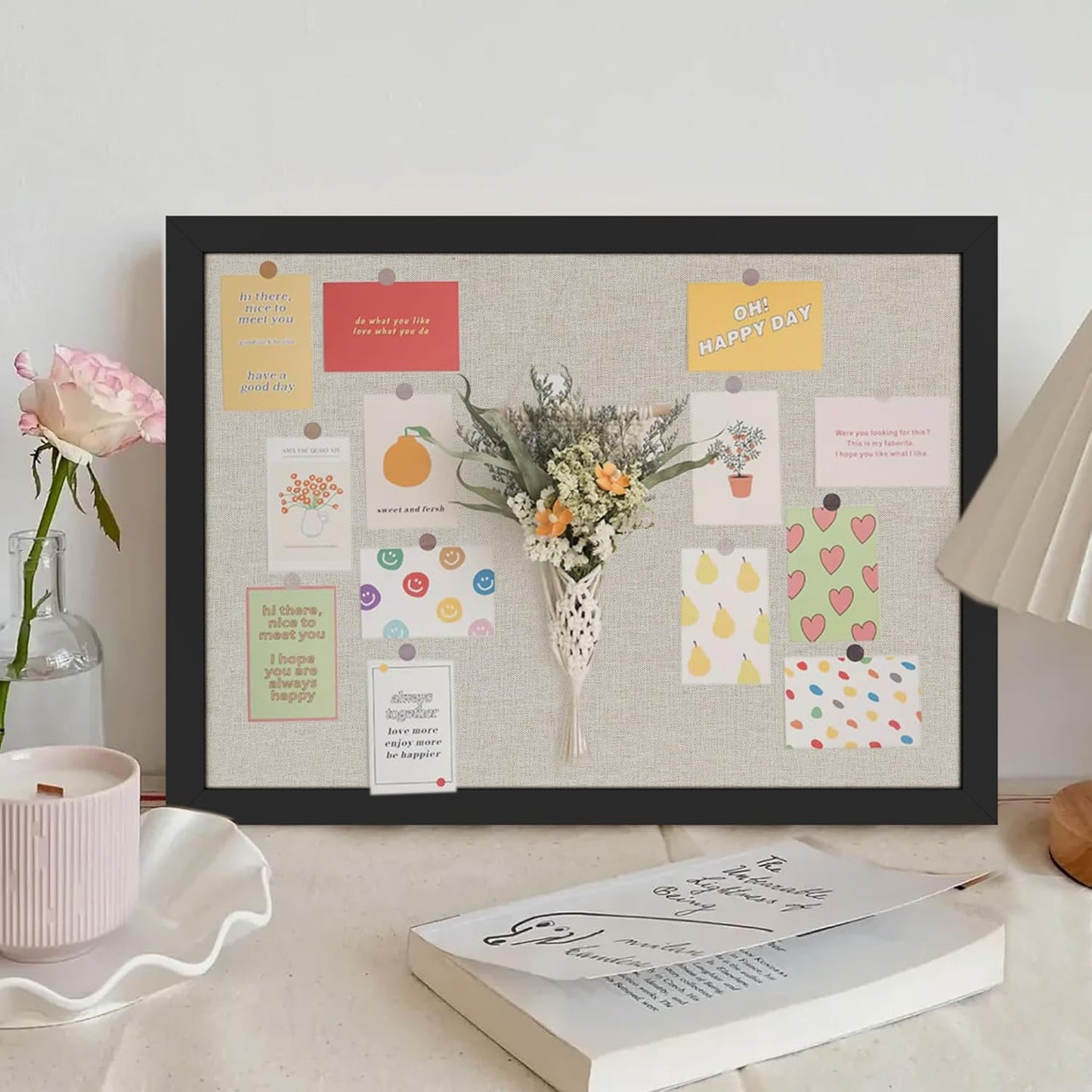 Cork Board Bulletin Board 16.7" x 11", Small Linen Corkboards with Frame for Walls, Cute Picture Display Pin Board Vision Board for Room School Office Bedroom 8 Pushpins Vintage Black