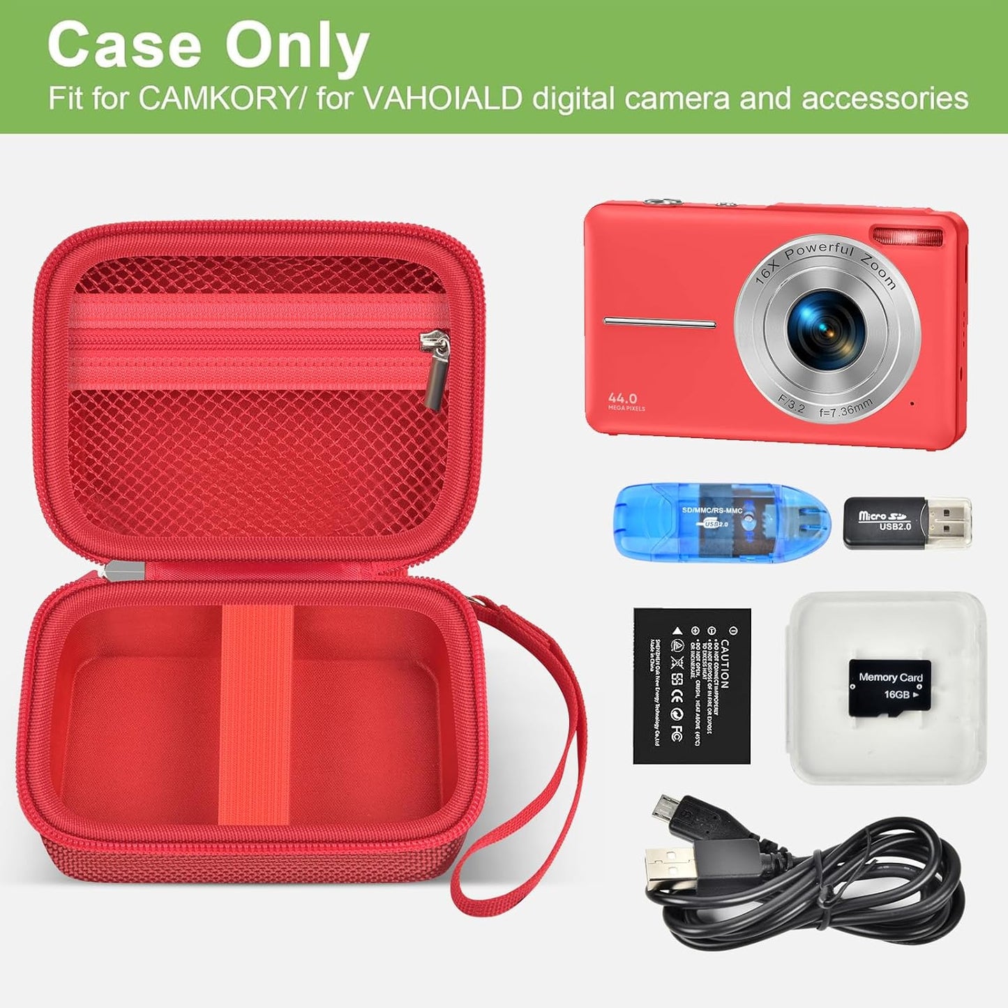 Case Compatible with VAHOIALD FHD 1080P Digital Camera/for CAMKORY Digital Point and Shoot/for Kodak PIXPRO FZ45-BK 16MP Vlogging/for IWEUKJLO/for Nsoela, Holder for SD Card More (Red)