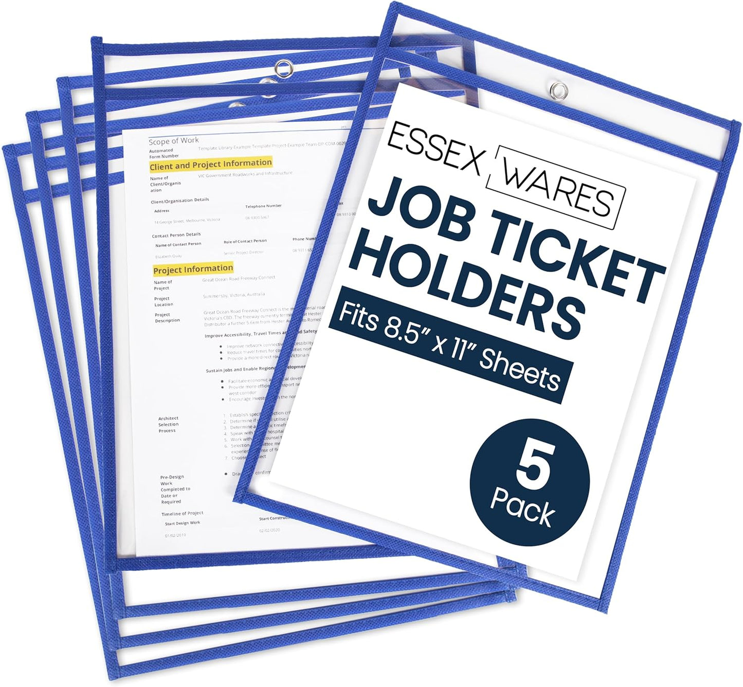 Essex Wares - 5 Pack, Blue, Job Ticket Holders, 10" Wide x 13.5" Tall - Clear Plastic Shop Ticket Holders - Easy to Use, Reusable & Easy Erase Plastic Invoice Holders, Water-Resistant & Durable