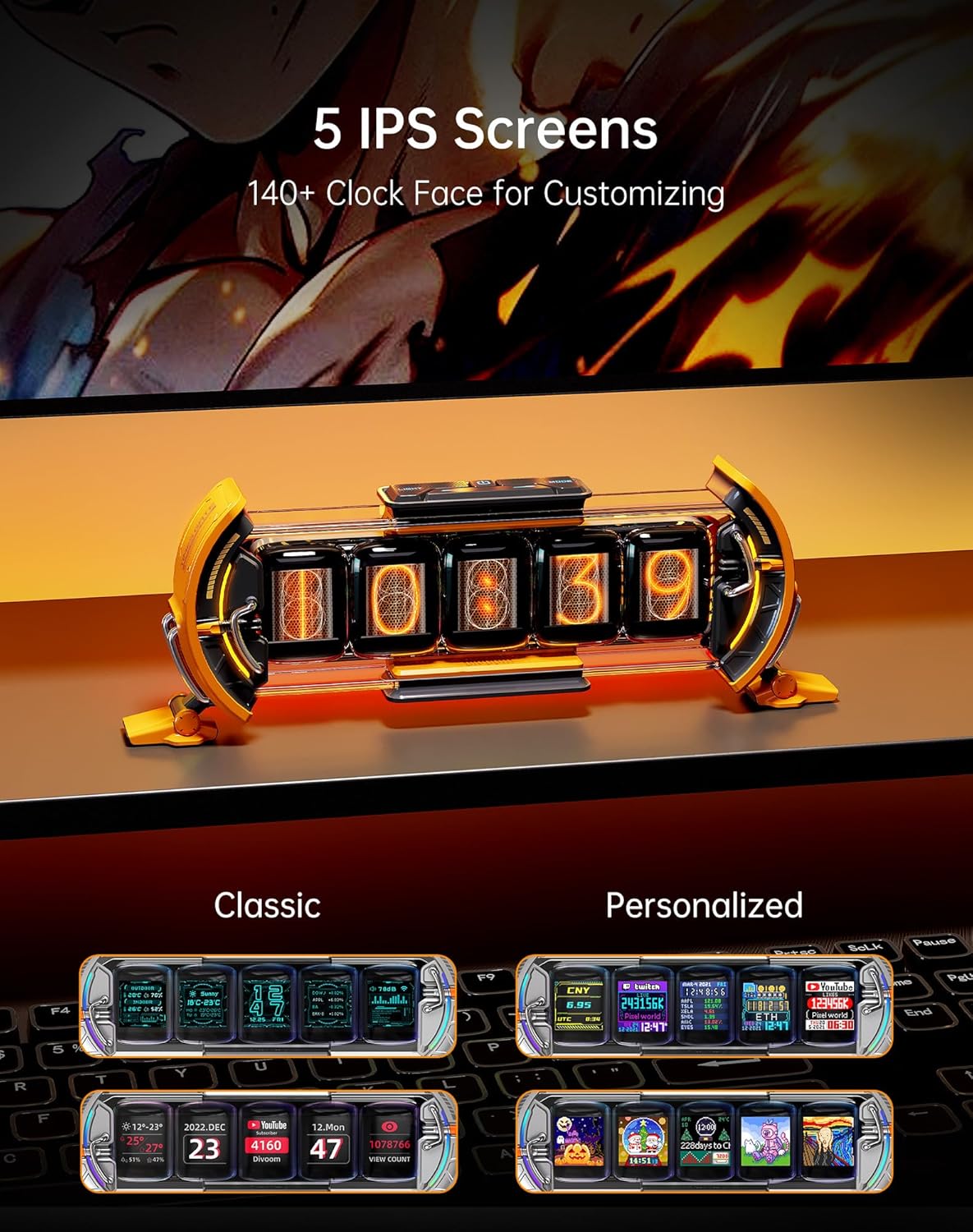 Divoom Times Gate - Cyberpunk Gaming Setup Digital Clock with Smart APP Control, WiFi Connect, RGB LED Display, Personalized Dashboard, Pixel Art for Gaming Room & Office Decor (Yellow)