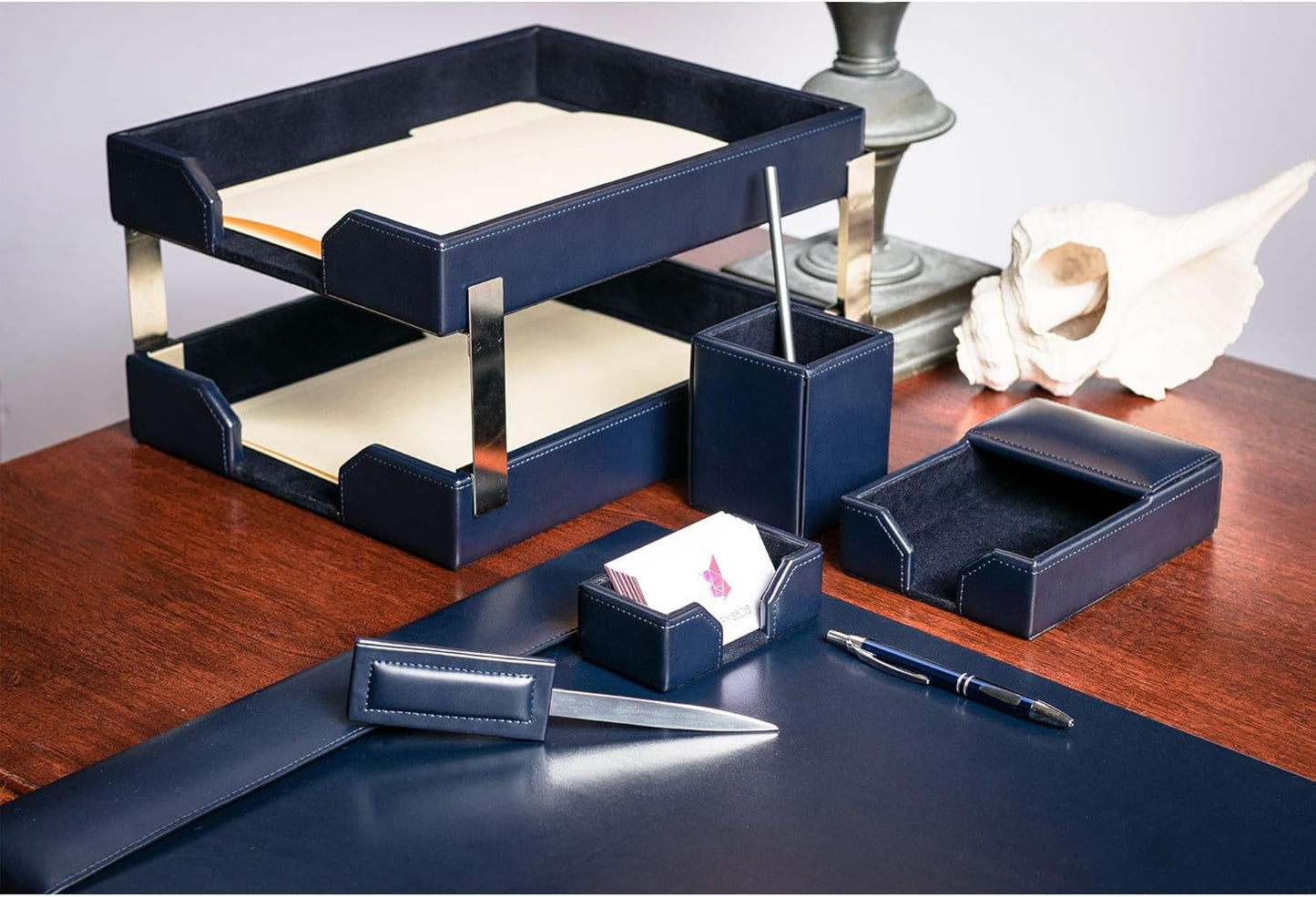 Dacasso Navy Blue Bonded Leather Luxury 9-Piece Desk Set - Blotter Pad & Desk Organization Essentials - Executive Decor and Surface Protector