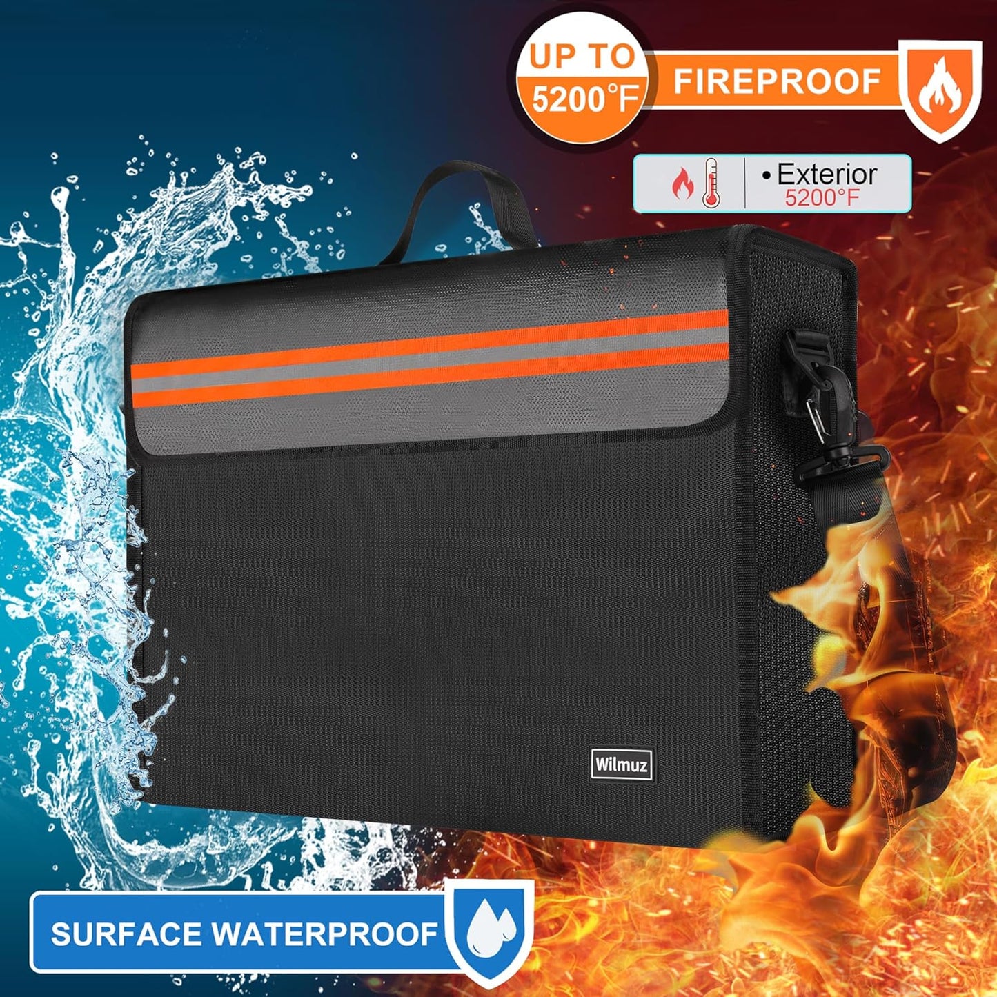 Fireproof Document Box with Zipper 5200℉ Insulated,14.9"x11.8"x4.7" Fireproof Bag with Shoulder Strap,Fire Proof File Box for Documents,Fireproof Money Bag for Cash,Valuables(Black)