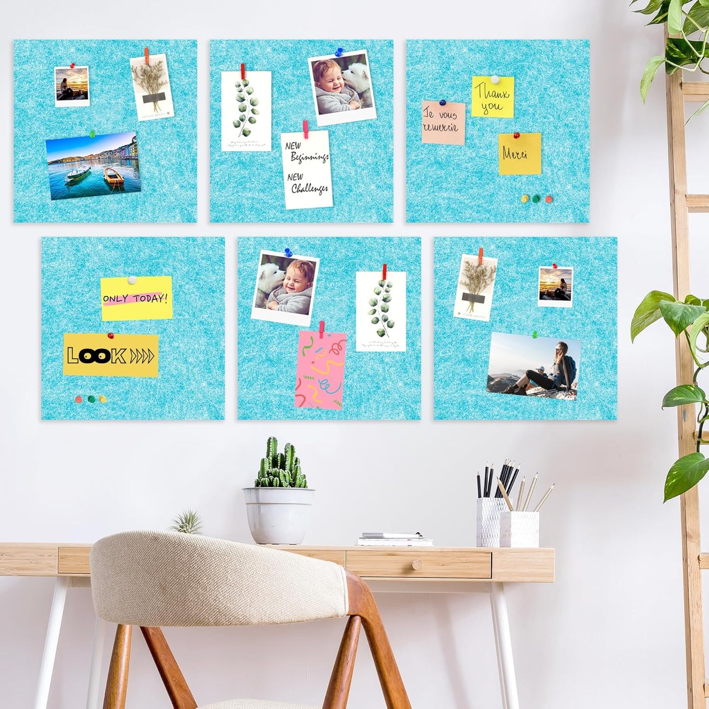 AKTOP Cork Bulletin Board 12x12, 1/2" Thick Felt Cork Board Tiles 6 Pack, Small Square Pin Board for Wall, Self Adhesive Corkboards with 60 Push Pin Wood Clips for School, Home & Office, Baby Blue