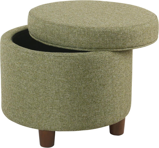 HomePop Home Decor | Upholstered Round Storage Ottoman | Ottoman with Storage for Living Room & Bedroom, Green Tweed