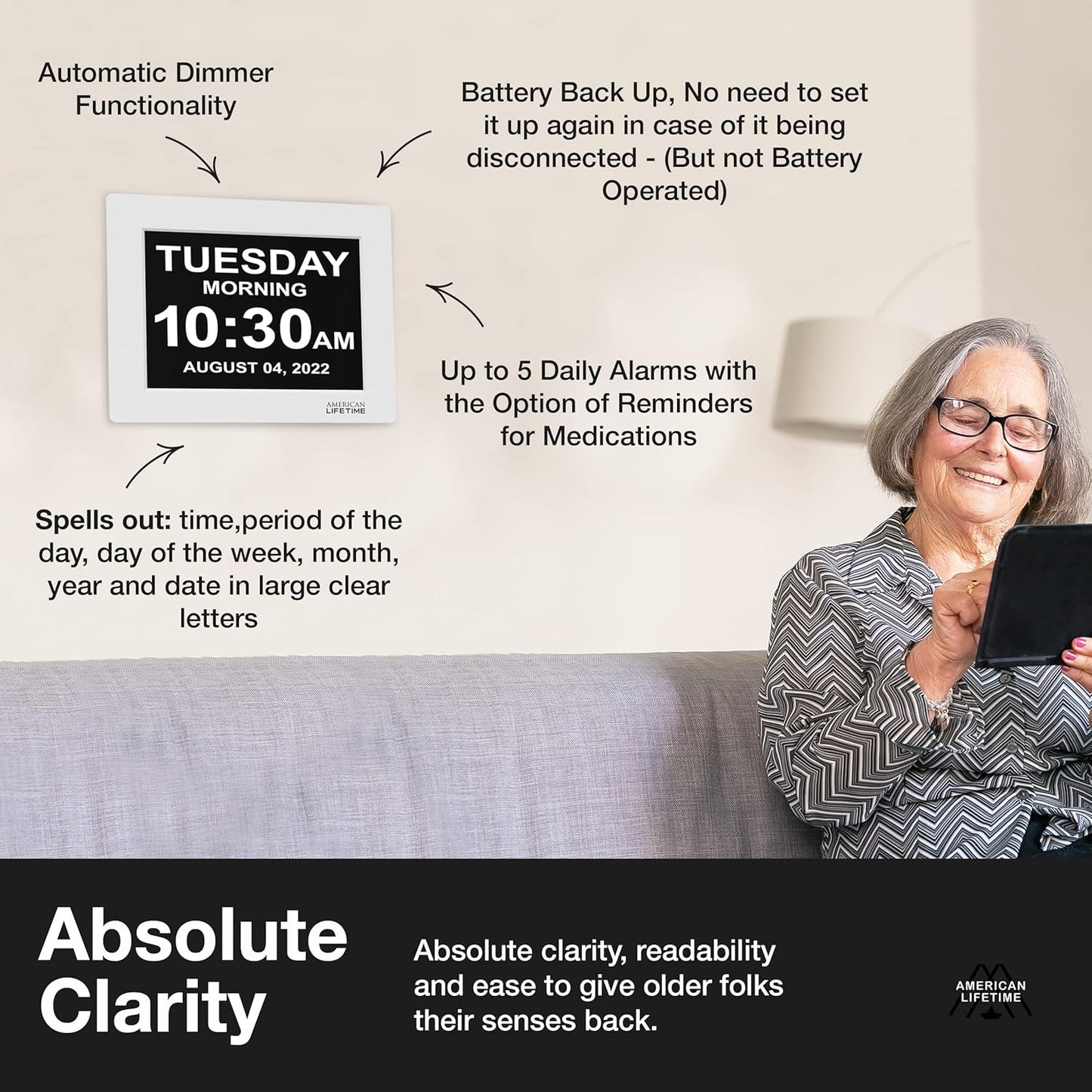 American Lifetime 2024 Dementia Clock, Large Digital Display with Custom Alarms, Day & Date, Winter Blue