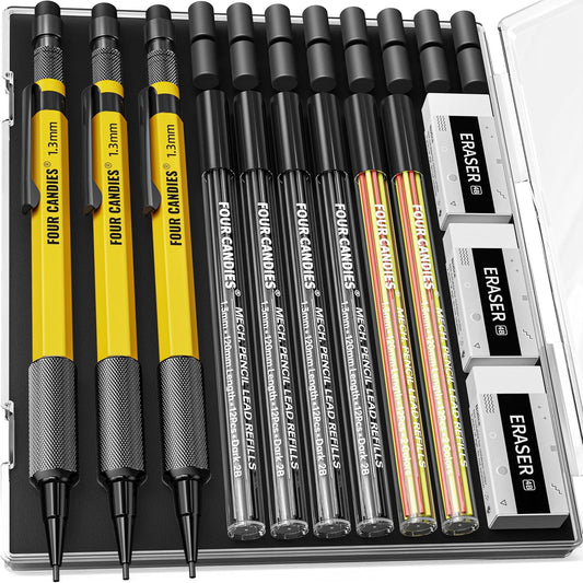 Four Candies 3PCS 1.3mm Mechanical Pencil Set with Case, Metal Heavy Duty Carpenter Pencils with 72 Refill(Red,Black,Yellow) 3Eraser, 16Eraser Refill, Weatherproof Body Outdoor Woodworking Marking