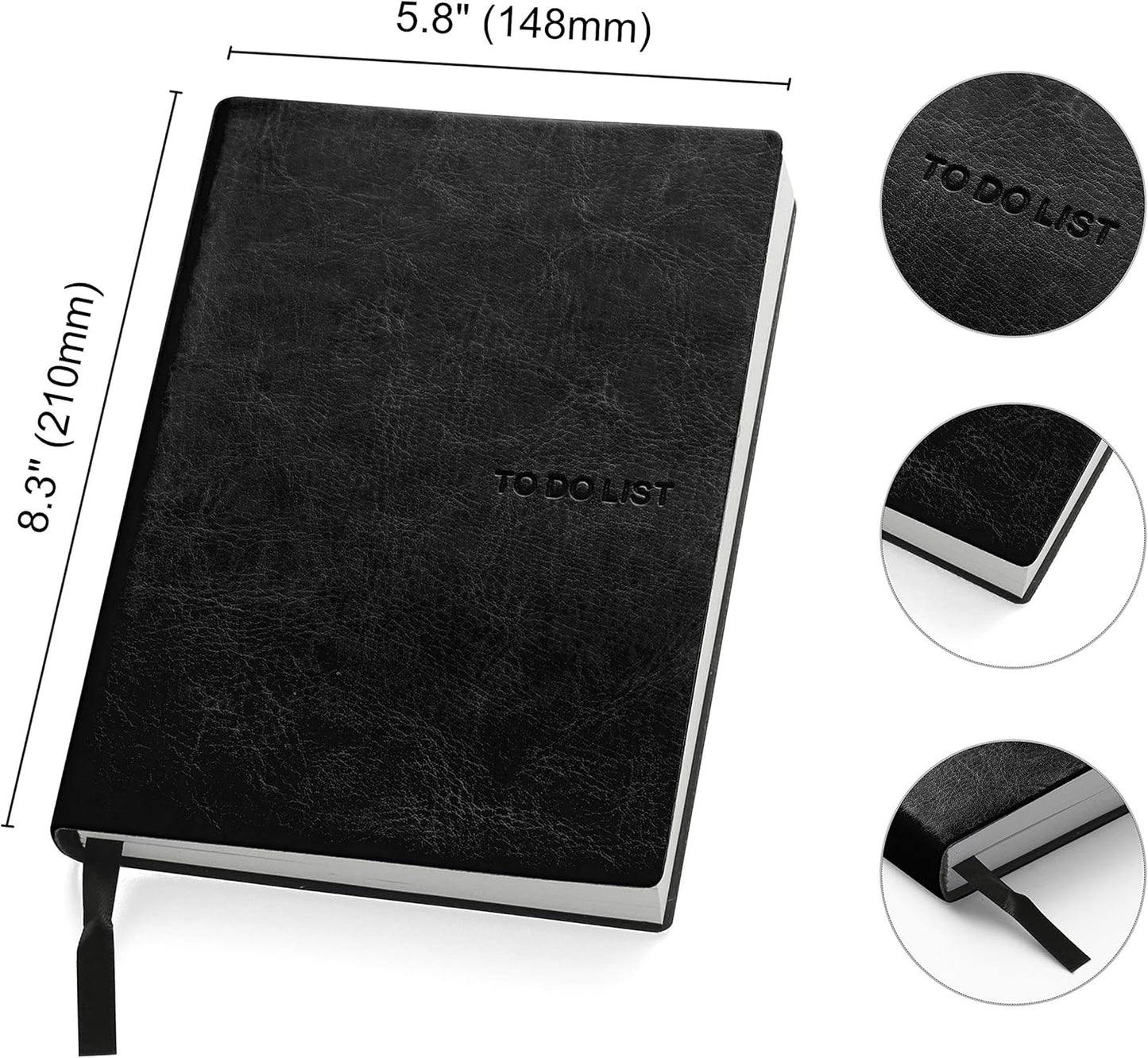 Daily to Do Checklist Notebook, Task Management, Organizer Planner, Hardcover, Ribbon Bookmark, 5.8 x 8.3”, A5 size, 110 Sheets (Black)