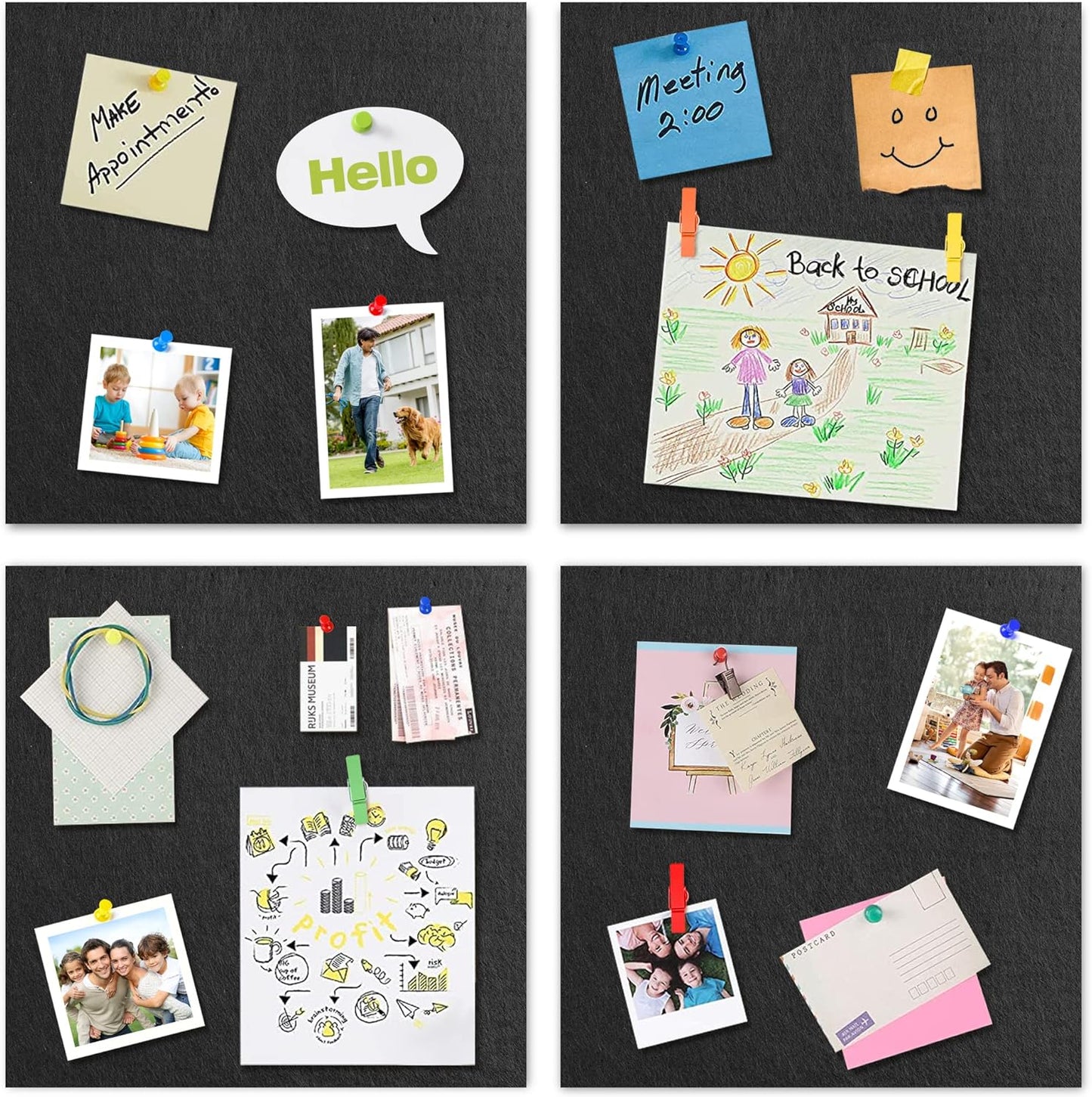 AKTOP Cork Board Bulletin Board 12x12, 1/2" Thick Felt Cork Board Tiles 6 Pack, Small Square Pin Board for Wall, Self Adhesive Corkboards with 60 Push Pin Wood Clips for School, Home & Office, Black