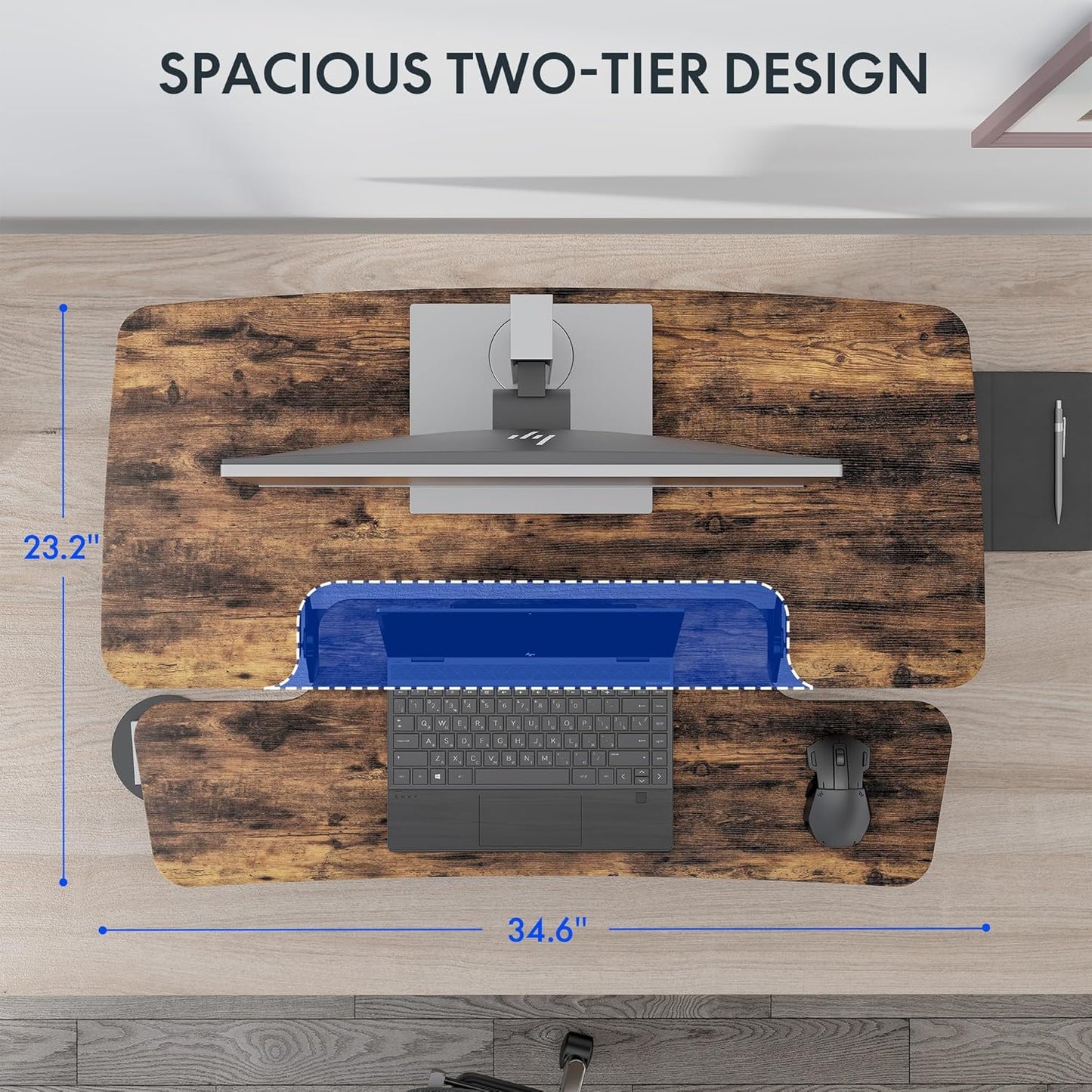 FLEXISPOT 35" Height Adjustable Standing Desk Converter Sit-to-Stand Desk Riser with Wide Keyboard Tray Workstation for Home and Office, Rustic Color