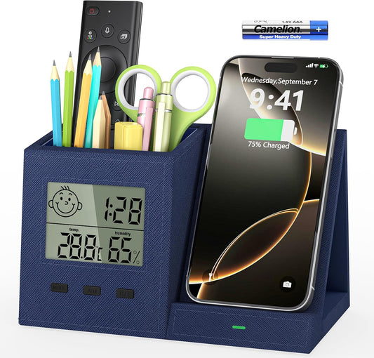 3-in-1 Wireless Charger with Pen Holder, Desk Clocks with Temperature and Humidity, Compatible with iPhone 16/15/14/13/12/11/8Series, Pencil Holder for Desk Home Office, Men Gift Idea Gadget, Blue