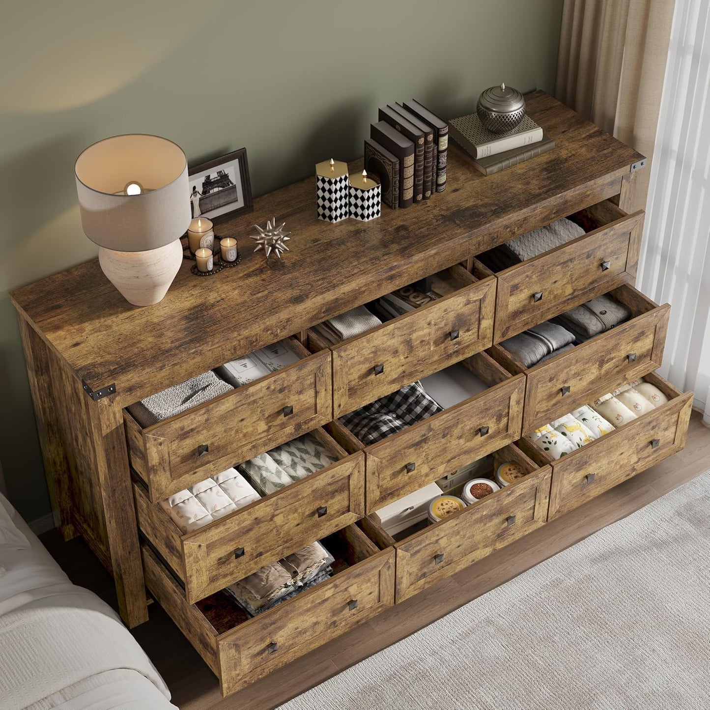 9-Drawer Dresser, Modern Wooden Storage Chest of Drawers, Dresser TV Stand, Wood Drawer Organizer with Metal Handles for Bedroom, Living Room, Hallway