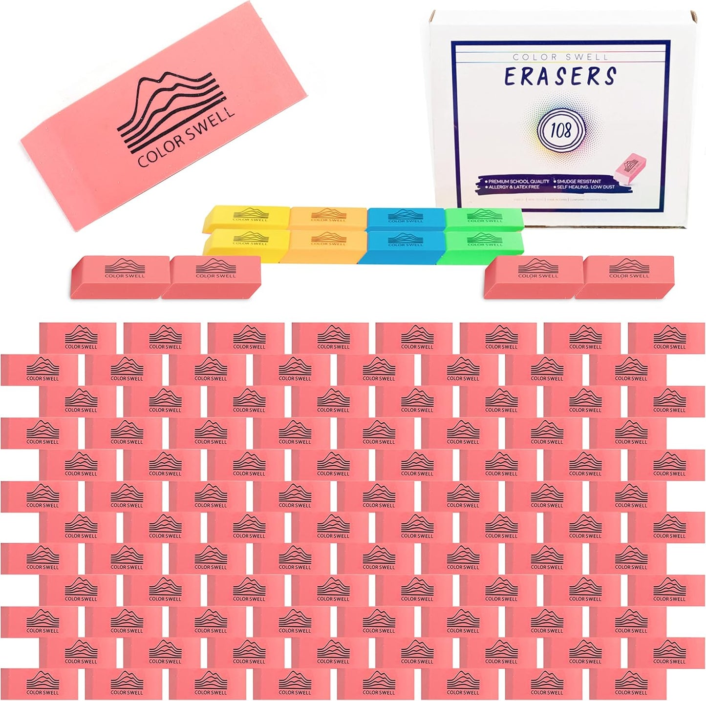 Color Swell Bulk Pink Erasers - 108 Pack of Neon and Pink Erasers - Perfect for Offices, Classroom, Kids, Students, Families, and Donations