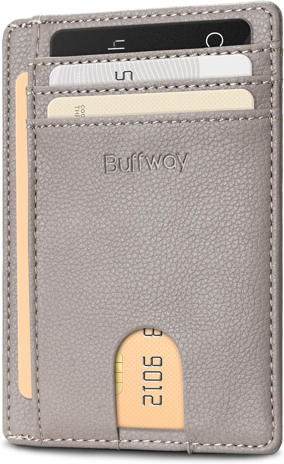 Buffway Slim Minimalist Front Pocket RFID Blocking Leather Wallets for Men and Women - Lichee Khaki