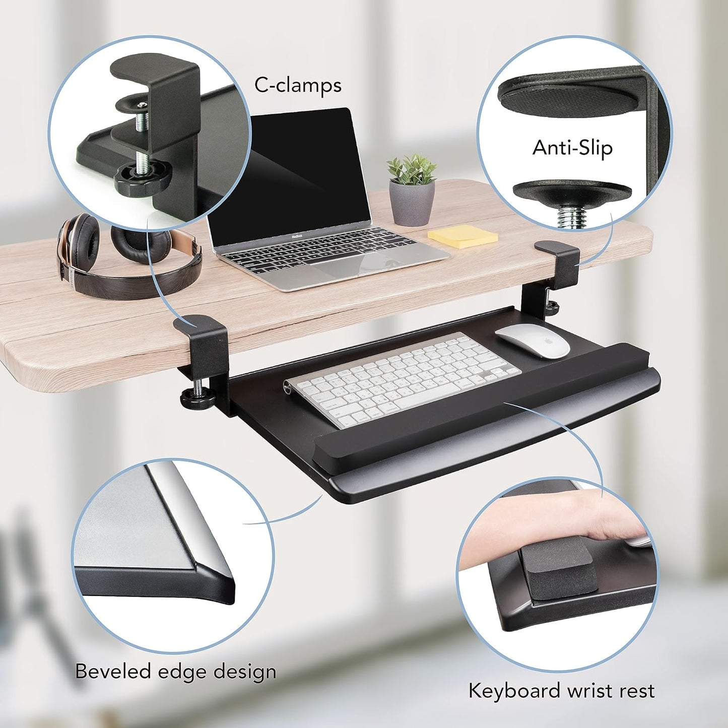 EHO Clamp-On Retractable Adjustable Keyboard Tray, Under Desk Ergonomic Keyboard Tray - Easy Tool-Free Install - Small with Wrist Rest 20" (24.8" Including Clamps) x 11.5" for Enhanced Typing Comfort