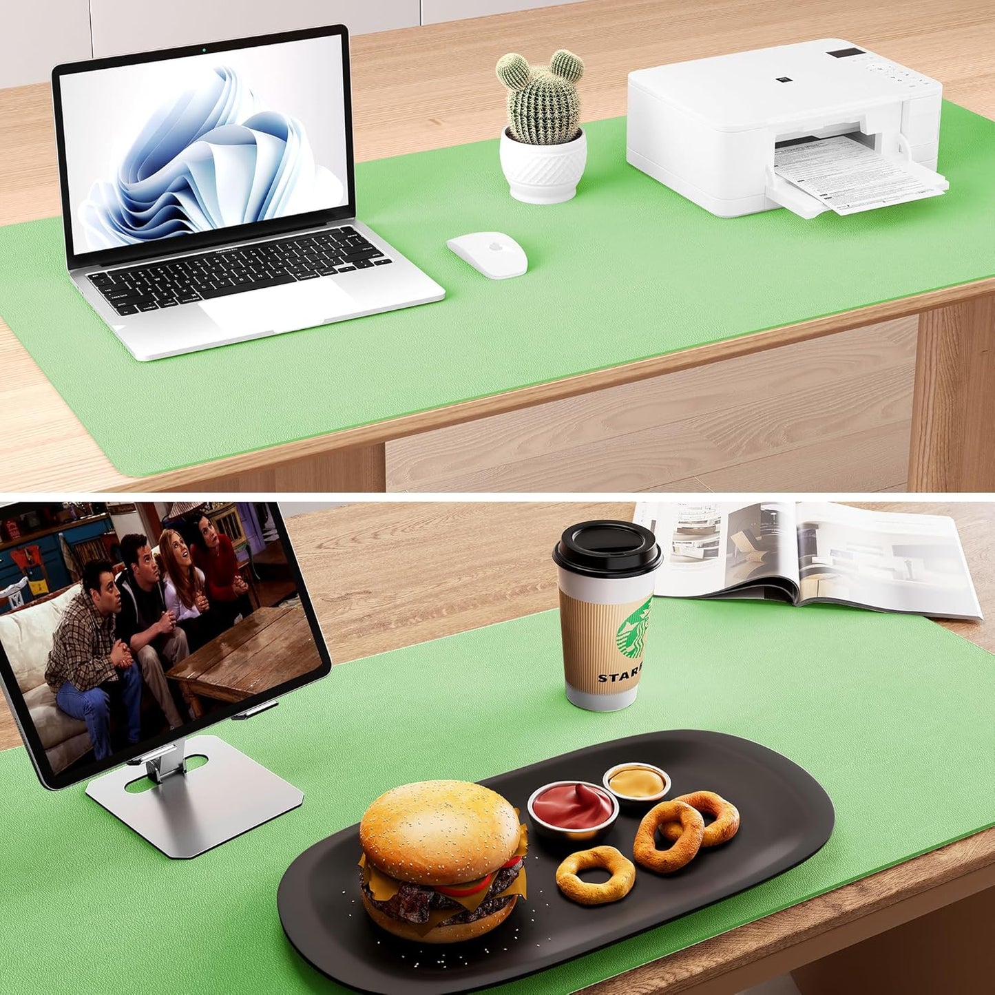 Aothia Double-Sided Desk Pad - 35.4" x 15.7"Leather Desk Mat, Eco Cork Desk Pad Protector,Large Mouse Pad,Waterproof Desk Blotter for Office/Home(Light Green)