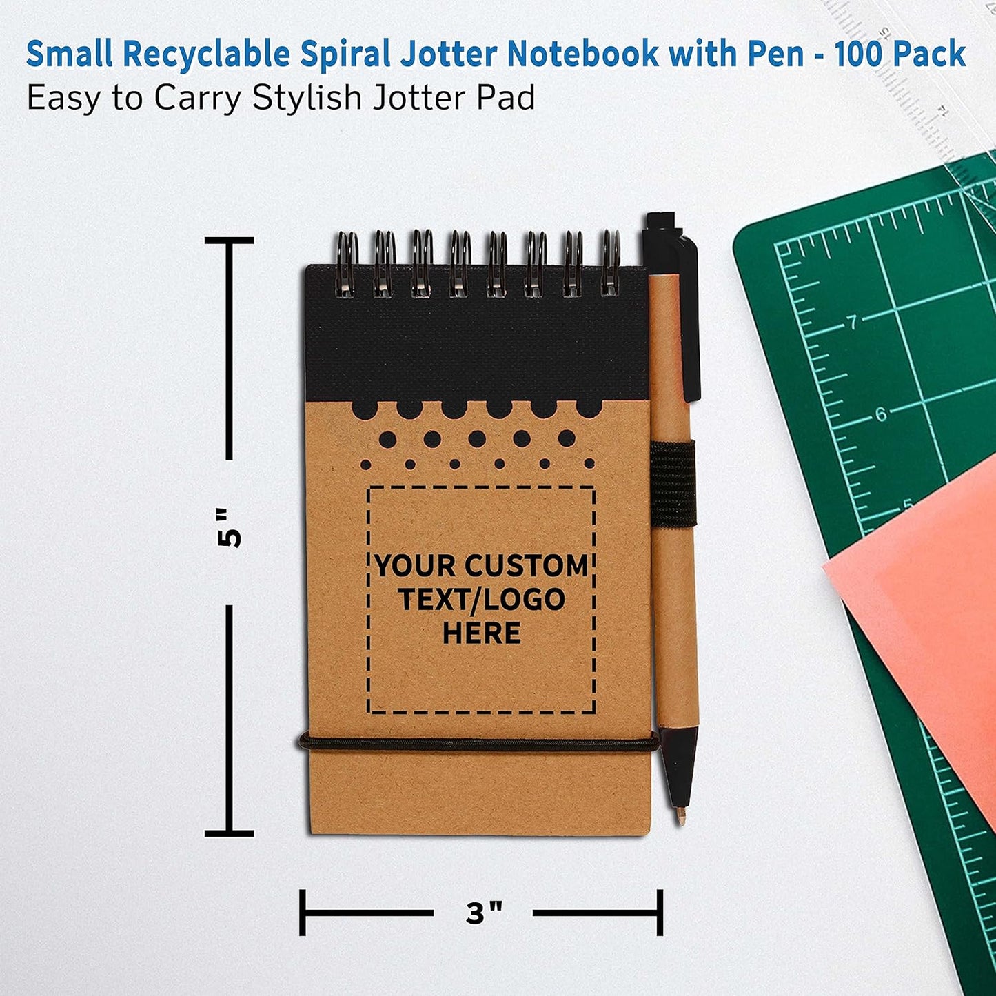 DISCOUNT PROMOS 100 Recyclable Spiral Small Notebooks Pack - Customizable Text, Logo - 60 Lined Pages - Black