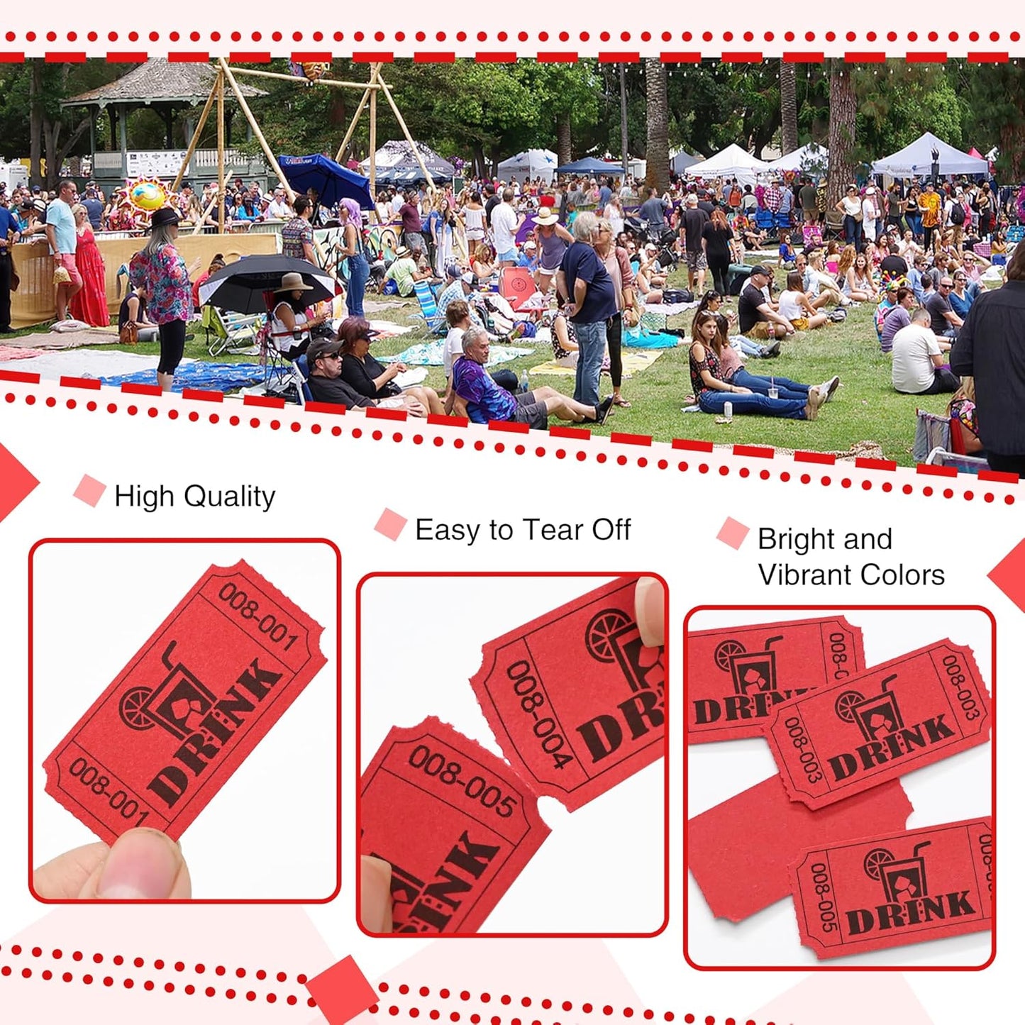ESSENTIAL 1000 Raffle Tickets Rolls, Drink Tickets Single Roll for Events, Leisure, Movie Watching, Entertainment, Class Reward & Prizes (Red - 5 Color Selection)