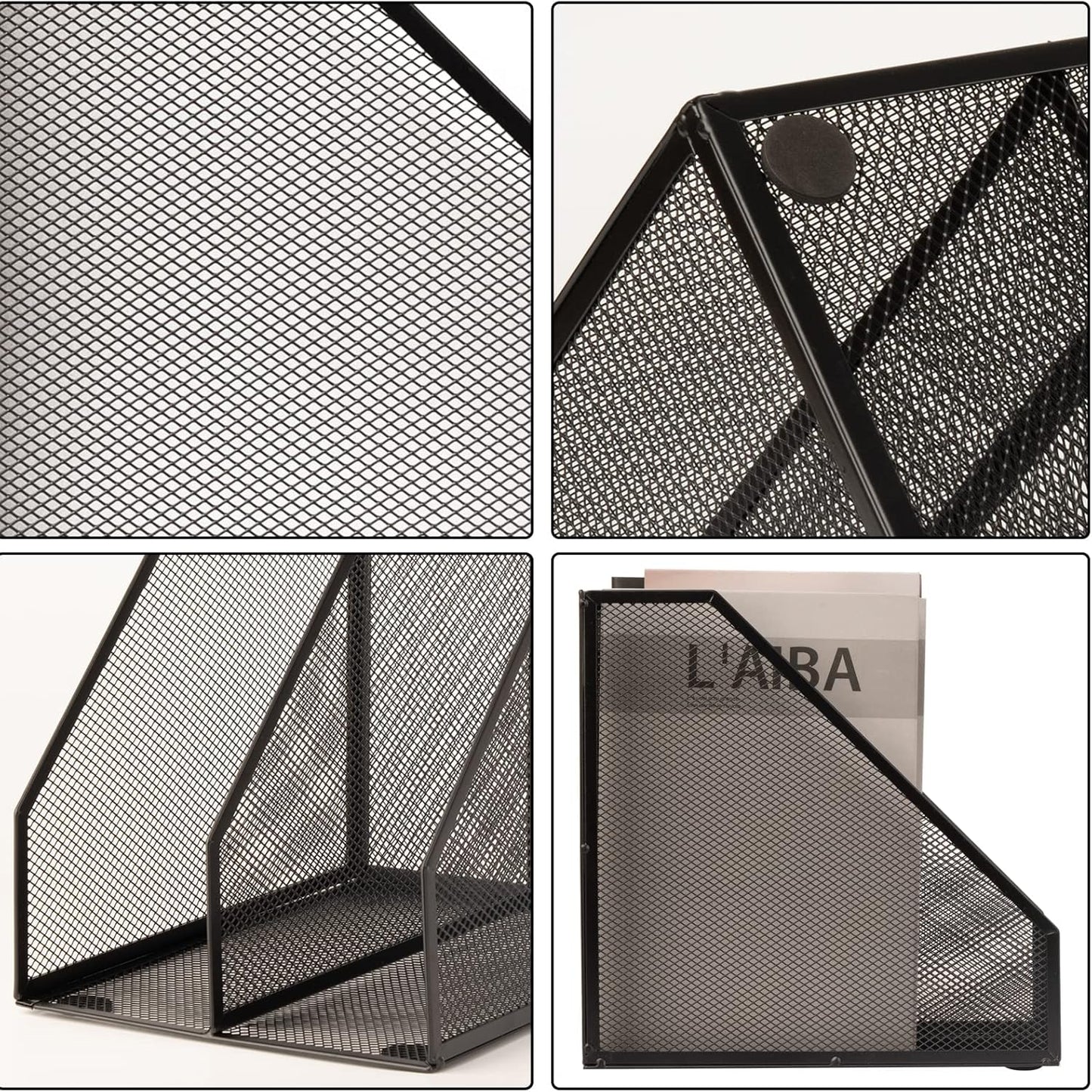 2 Set Magazine Holder Metal Wire, 2 Compartments Mesh File Holder for Desk, Office Desk Accessories Decorative File Box, Black