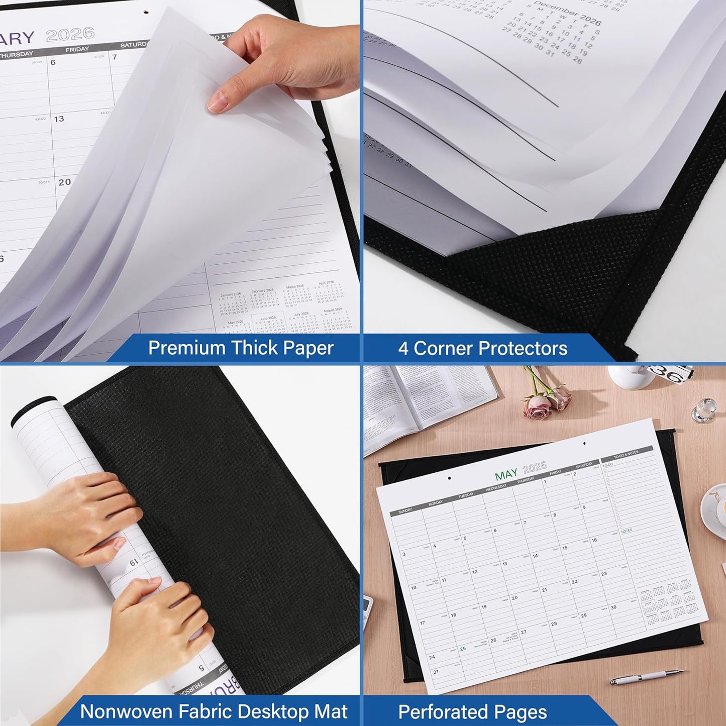 2026 Desk Calendar - Large Desk Calendar 2026, Jan. 2026 – Dec. 2026, 22" x 17", Office Supplies, Corner Protector, Ruled Blocks, 2-in-1