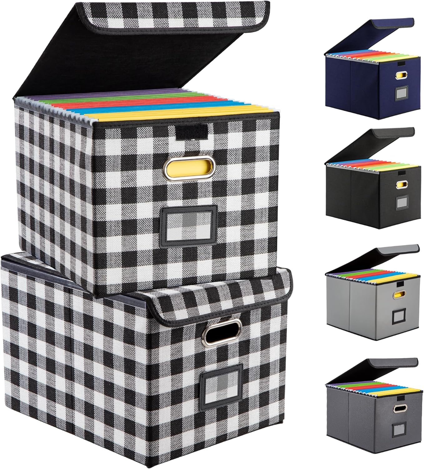 File Organizer Box, Linen Filing Organizer with Lid, Large Desktop File Boxes, Black and White Lattice,2 Pack