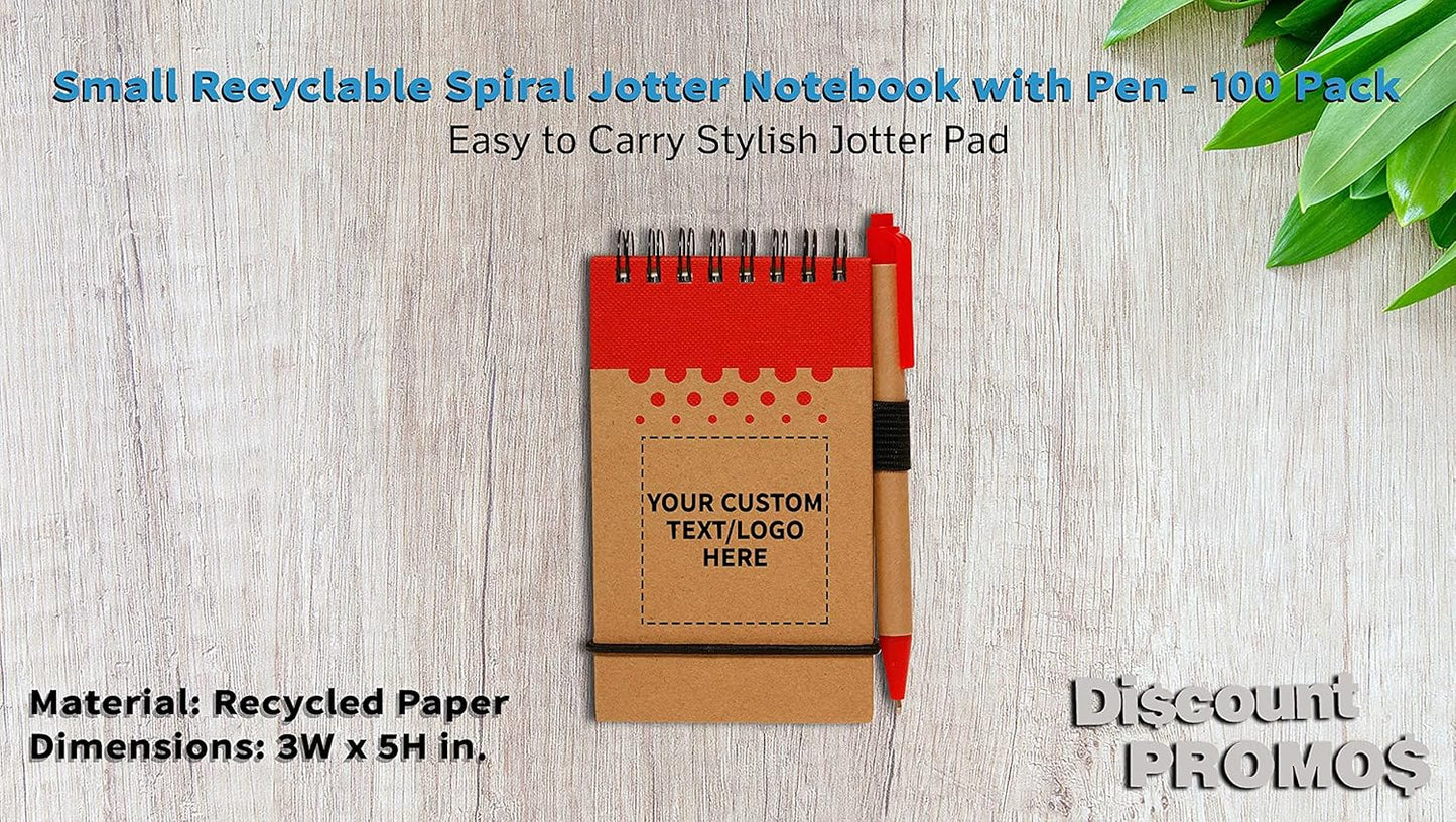DISCOUNT PROMOS 100 Recyclable Spiral Small Notebooks Pack - Customizable Text, Logo - 60 Lined Pages - Red