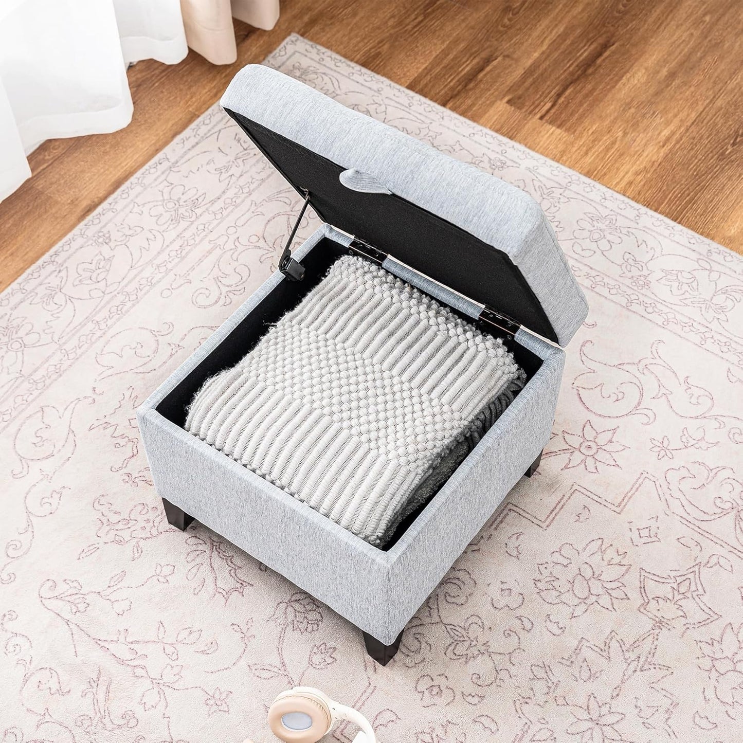 Adeco 18 Inch High Cube Ottoman Storage, Linen Chair Foot Stools, Upholstered Vanity Stool with Hinged Lid, Solid Wood Legs