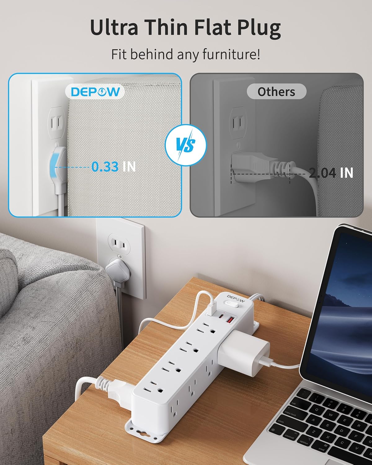 2 Prong Power Strip with 12 AC Outlets, 2 to 3 Prong Adapter, 3 USB Ports (1 USB C), 5FT Extension Cord, 1700J Two Prong Surge Protector, Wall Mountable, Ideal for Old House Non-Grounded Outlets
