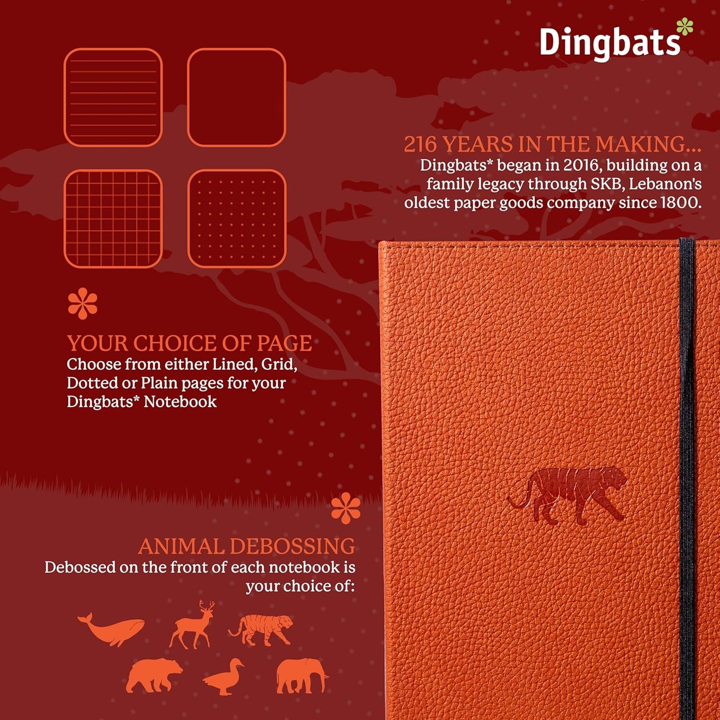 Dingbats* Wildlife Grid Writing Journal Notebook A5 - Vegan Leather Hardcover - Ideal for Work, Travel - Pocket, Elastic Closure, & Bookmark