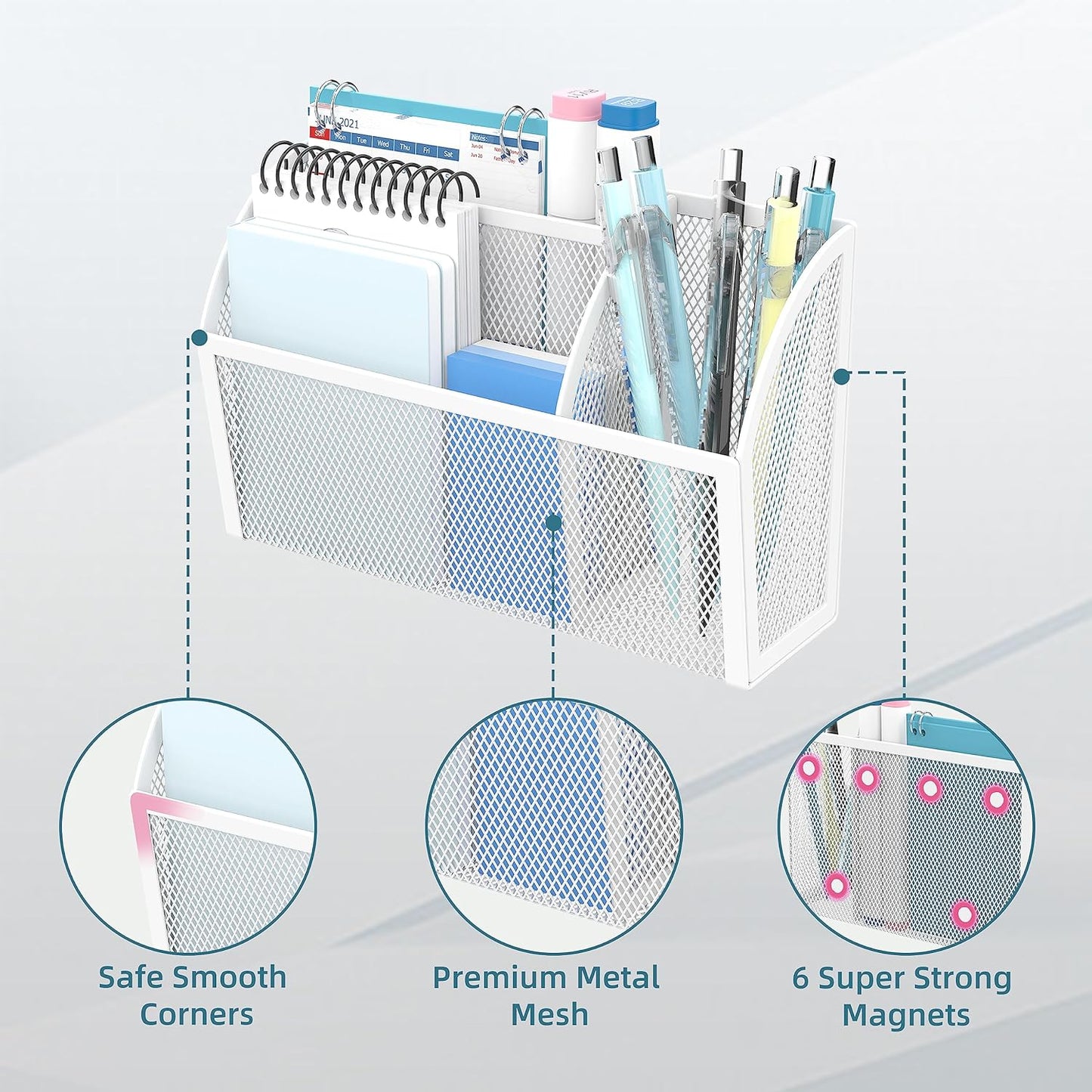 DALTACK Magnetic Pencil Holder Magnetic Shelf for the Whiteboard 3-Grid Mesh Magnetic Pen Holder for Refrigerator Magnetic Organizer Locker Accessories Organizer for Home, School and Office, White