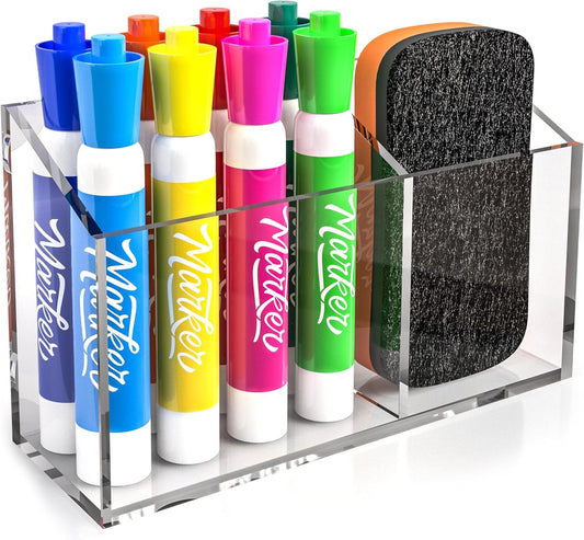 Acrylic Magnetic Marker Holder for Whiteboard Pen Organizer 2 Compartments Teacher Classroom Organization Magnetic Pencil Holder for Refrigerator Classroom Decor Office Modern White Board Accessories
