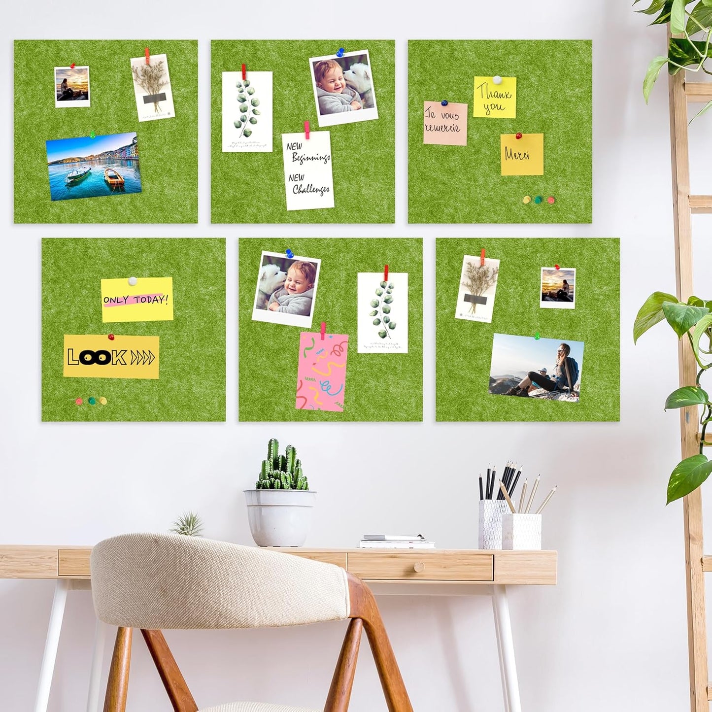 AKTOP Cork Bulletin Board 12x12, 1/2" Thick Felt Cork Board Tiles 6 Pack, Small Square Pin Board for Wall, Self Adhesive Corkboards with 60 Push Pin Wood Clips for School, Home & Office, Green
