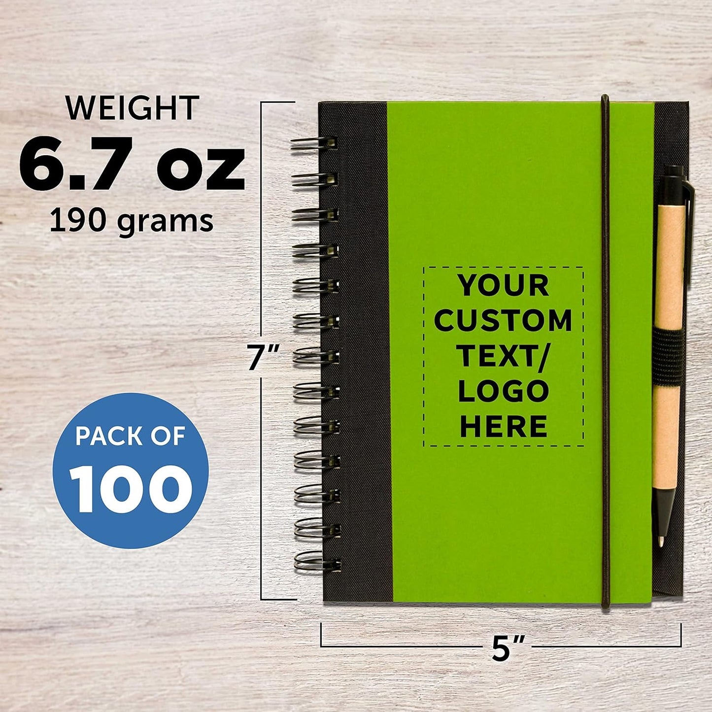 DISCOUNT PROMOS Custom Eco Block Notebooks with Pens Set of 100, Personalized Bulk Pack - Perfect for School, Office, Business, Home - Lime Green