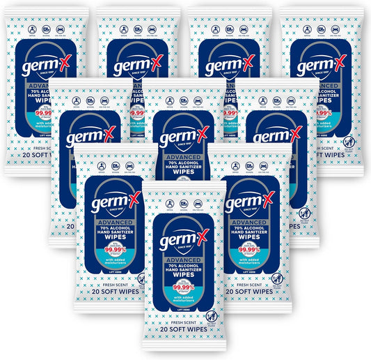 Germ-X Advanced Single-Use Hand Sanitizer Wipes, 20 Soft Wipes, Non-Drying Hand Sanitizer, Instant No Rinse Formula, Back to School Supplies, 70% Alcohol-Based Moisturizing Hand Sanitizer (Pack of 10)