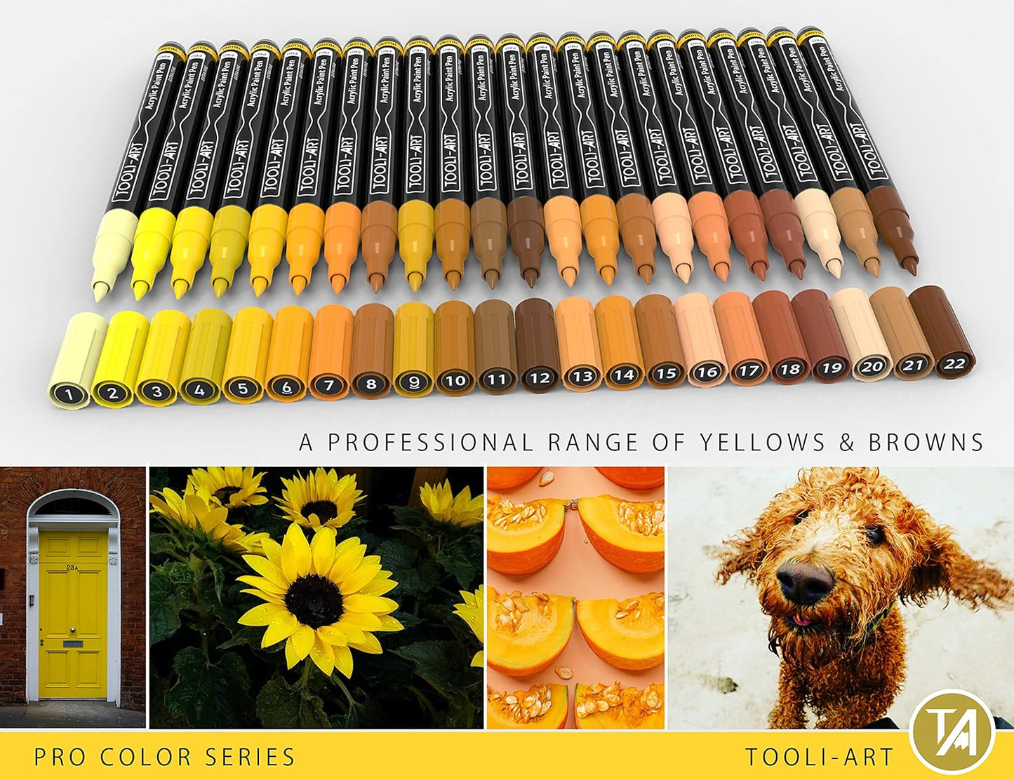 Acrylic Paint Pens 22 Yellow & Brown Tones Assorted Pro Color Series Markers Set 0.7mm Extra Fine Tip for Rock Painting, Glass, Mugs, Wood, Metal, Canvas, Projects, Non Toxic, Waterbased, Quick Drying