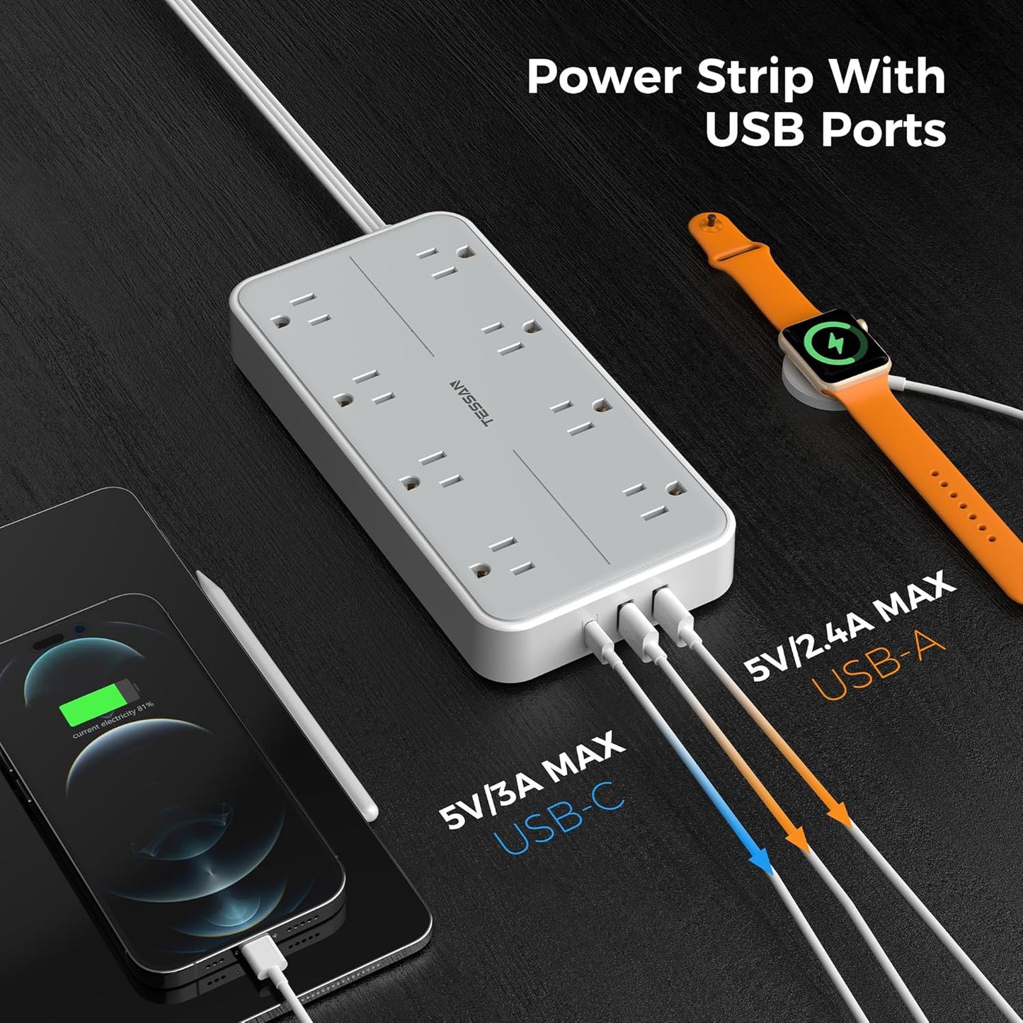 Flat Plug 15 FT Extension Cord, TESSAN Surge Protector Power Strip with 8 AC and 3 USB(1USB-C) Ports, 1080J Protection, Wall Mount Widely Spaced Charging Station for Home, Office, School, Dorm Room