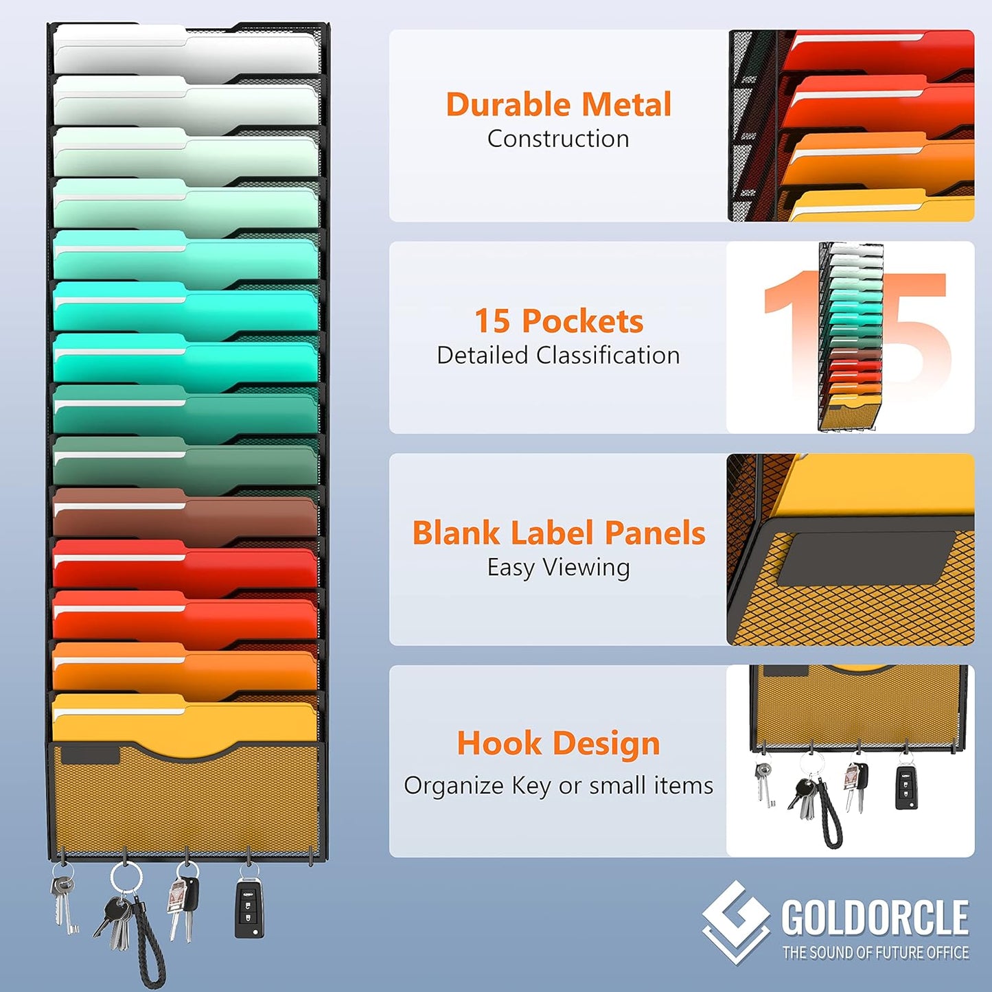 10-Tier Hanging Wall File Organizer Wall Mounted File Holder Document Wall Organizer for Office Organization and School Storage (No Assembly Required) (15 Tier Black)