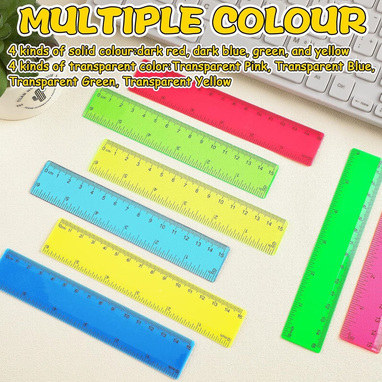 Harloon 288 Pack Clear Color Plastic Rulers 6 Inch Transparent Colorful Ruler with Inches and Centimeters 8 Colors Metric Bulk for Kids School Home Office