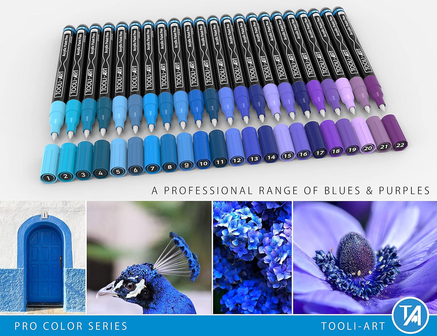 Acrylic Paint Pens 22 Blue & Purple Tones Assorted Pro Color Series Markers Set 0.7mm Extra Fine Tip for Rock Painting, Glass, Mugs, Wood, Metal, Canvas, Projects, Non Toxic, Waterbased, Quick Drying