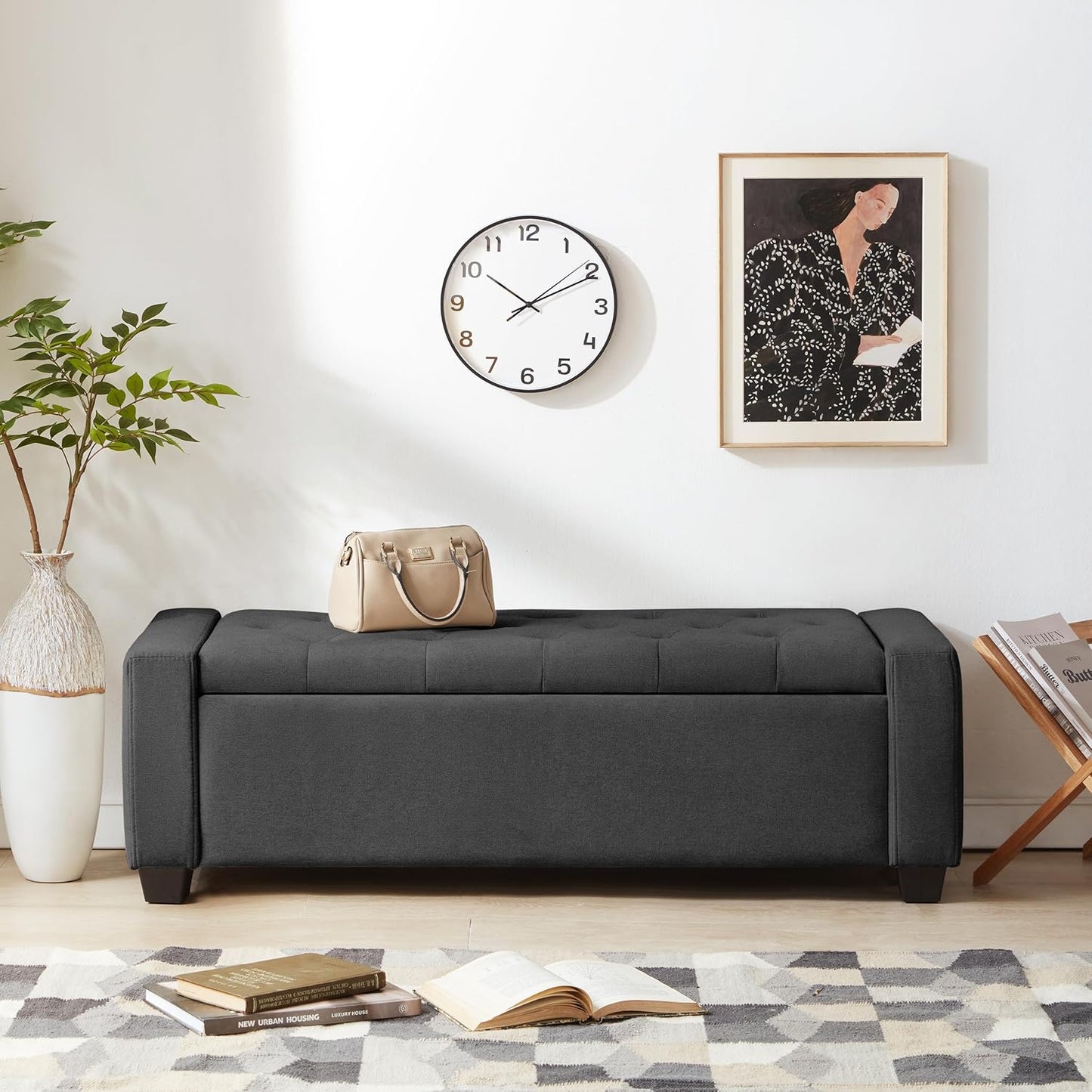 48" Ottoman with Storage, Storage Ottoman Bench with Safety Hinge, Upholstered Entryway Bench with Seating for Bedroom, Living Room, Holds up to 330 lb, Dark Gray