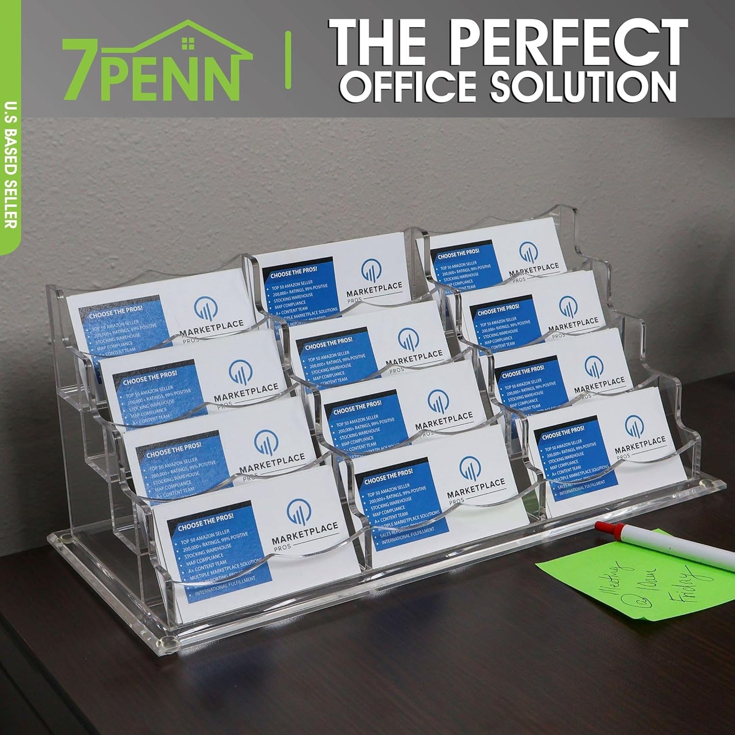 7Penn Acrylic Business Card Holder for Desk - 12 Slot Card Organizer for Desk Storage - Clear Countertop Sticker Display 3 Tier Horizontal Business Card Display Rack - 600 Card Holder Stand
