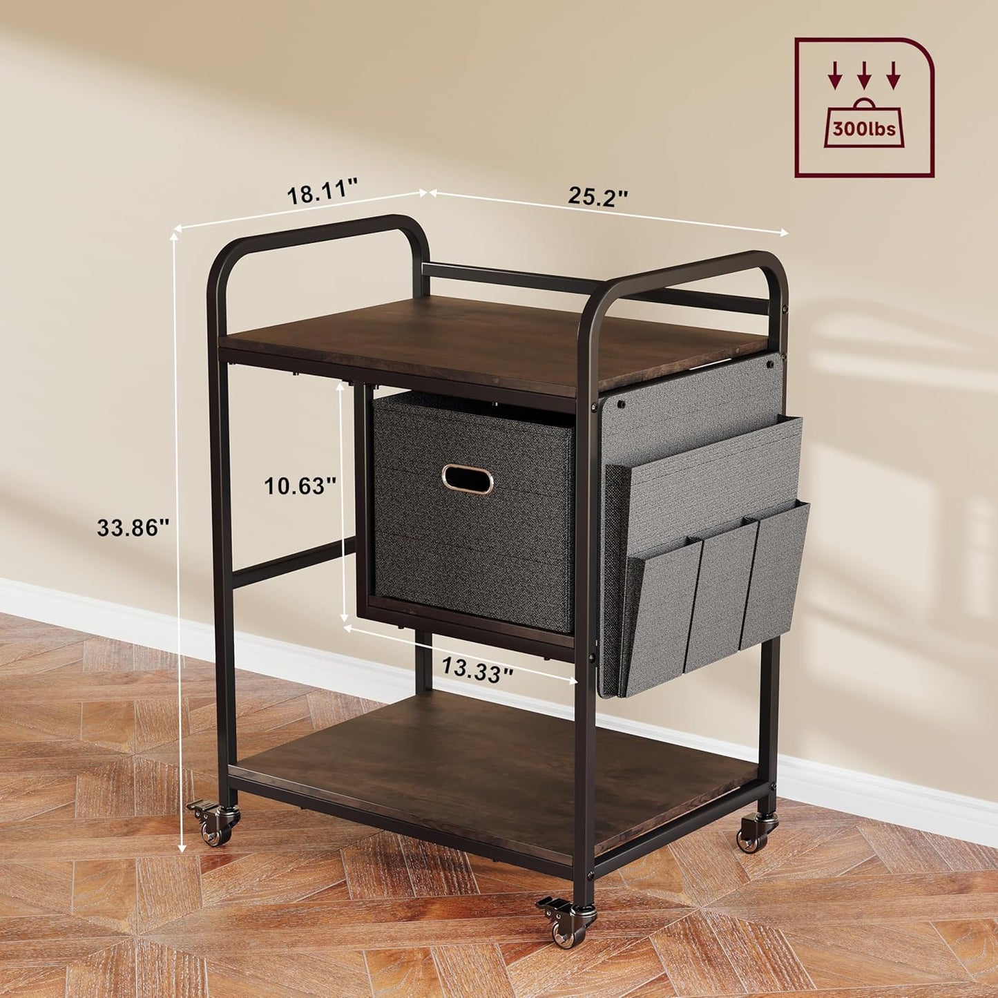 3 Tier Heavy Duty Printer Stand with Storage, Computer Tower Stand with Industrial Wheels & Drawer, Large Mobile Printer Table for Home Office Organization (Rustic Brown)