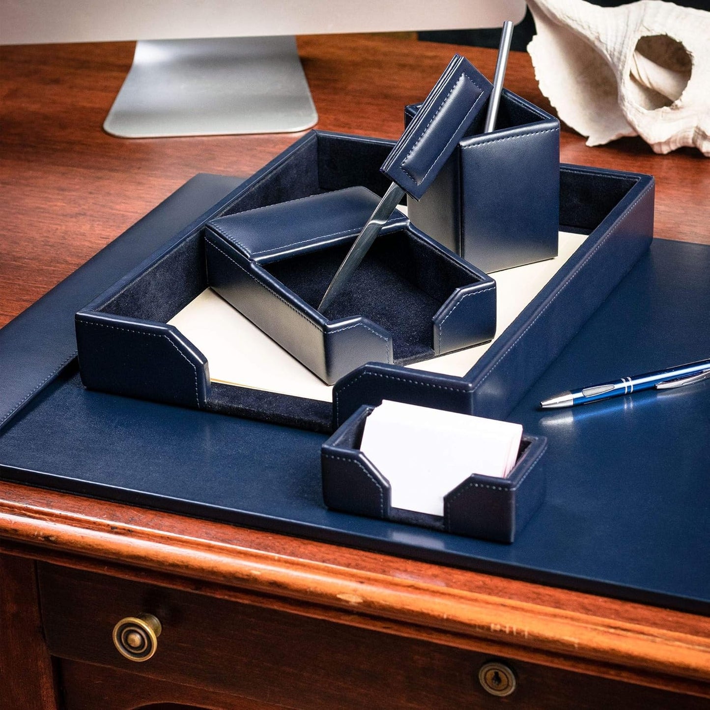 Dacasso Navy Blue 6-Piece Leather Desk Set, Bonded Leather, 30 x 18 x 4, DF-5001