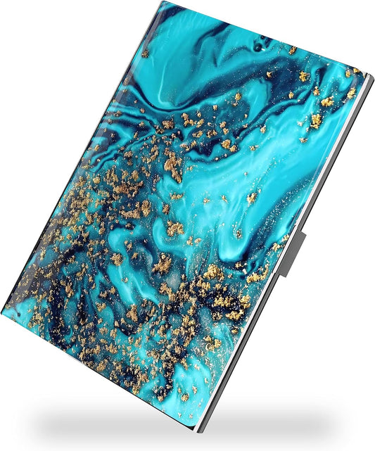Business Card Metal Slim Organizer, Professional Stainless Steel Square Pocket Wallet for Office Workers, Compact and Portable for Pockets (Blue Gold Marble)