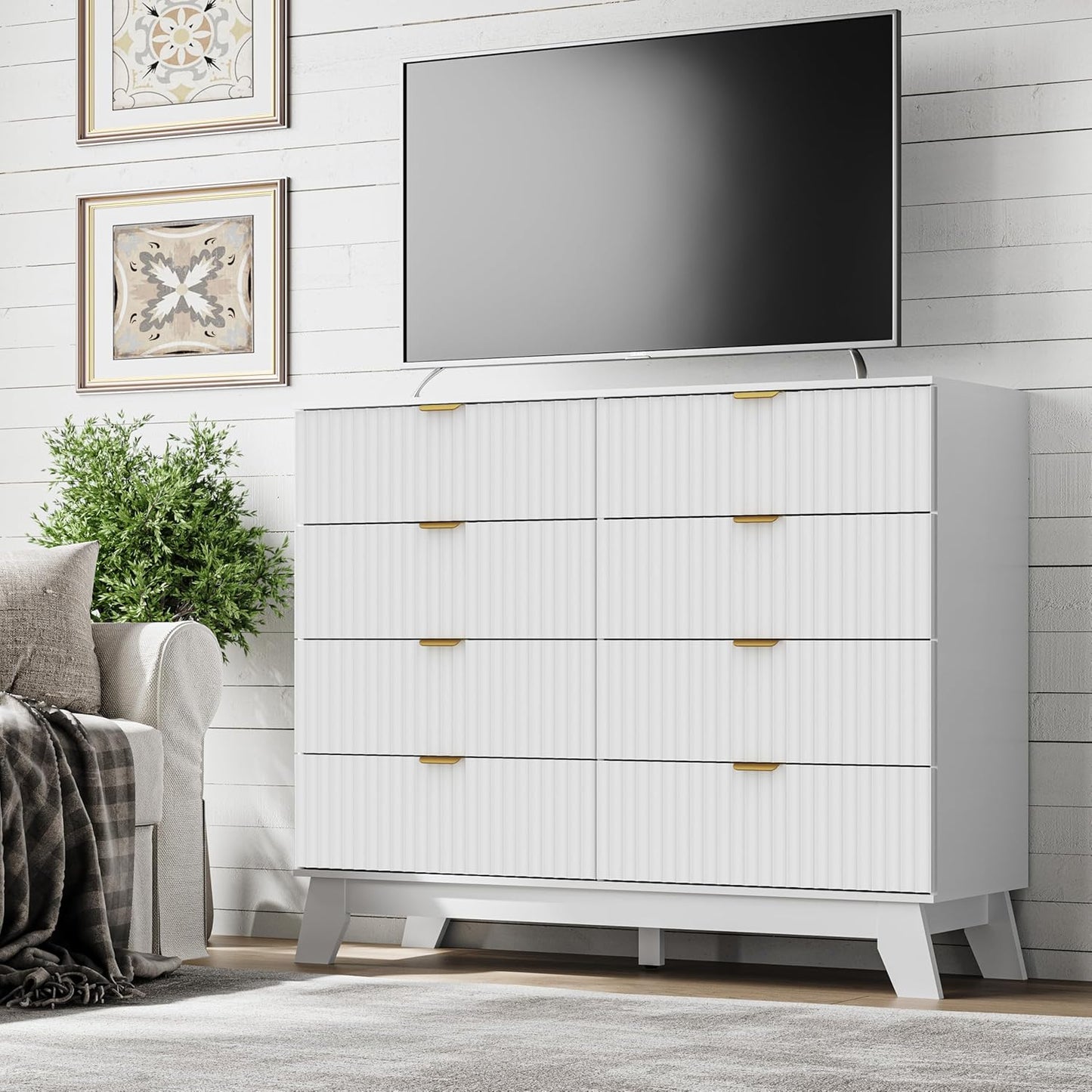 Fluted 8 Drawer Tall Dresser, 47.2" Wide Modern Boho Chest of Drawers, Wooden Storage Dresser TV Stand for Bedroom, Living Room, Closet, Hallway, Curved Profile Design