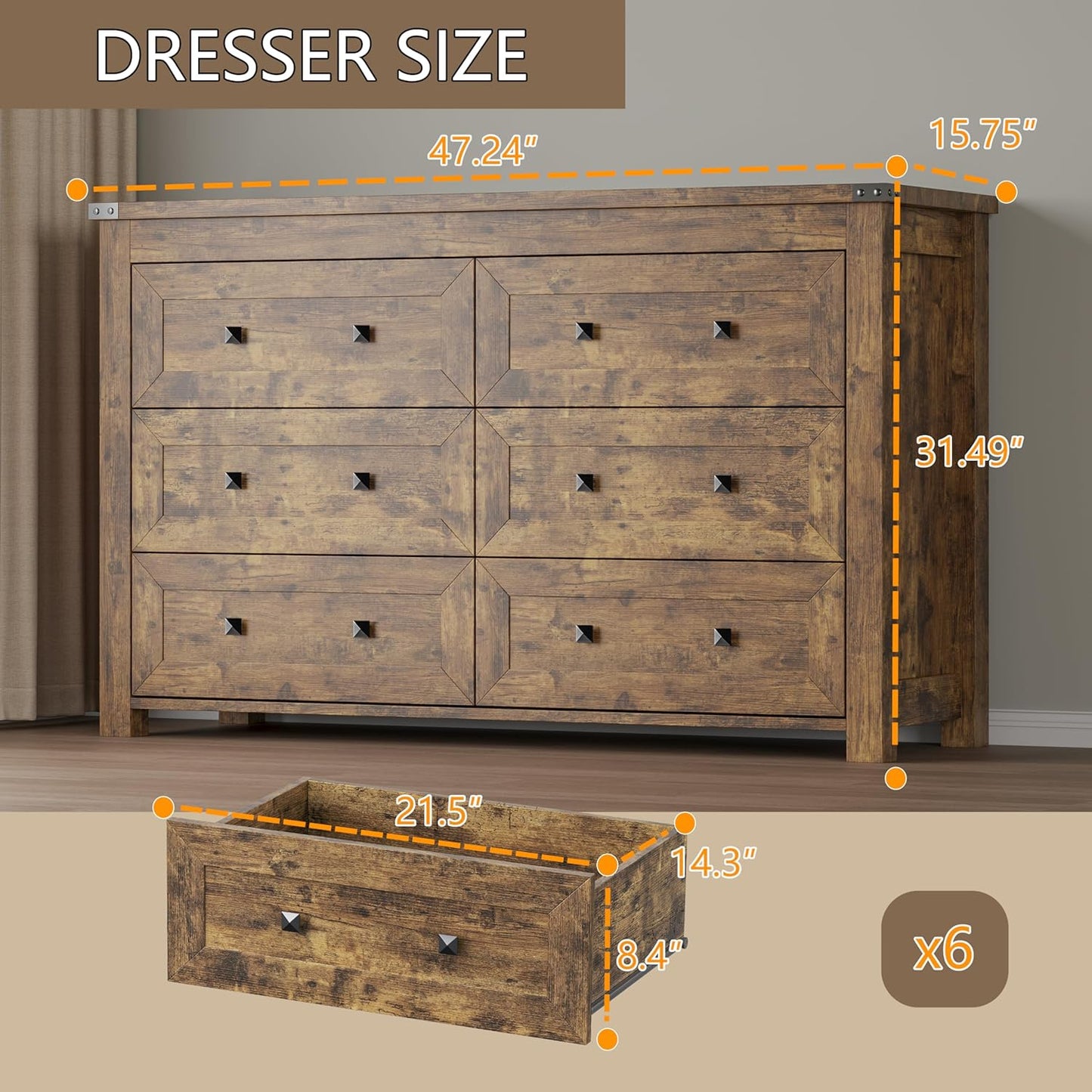 6-Drawer Dresser, Modern Wooden Storage Chest of Drawers, Dresser TV Stand, Wood Drawer Organizer with Metal Handles for Bedroom, Living Room, Hallway
