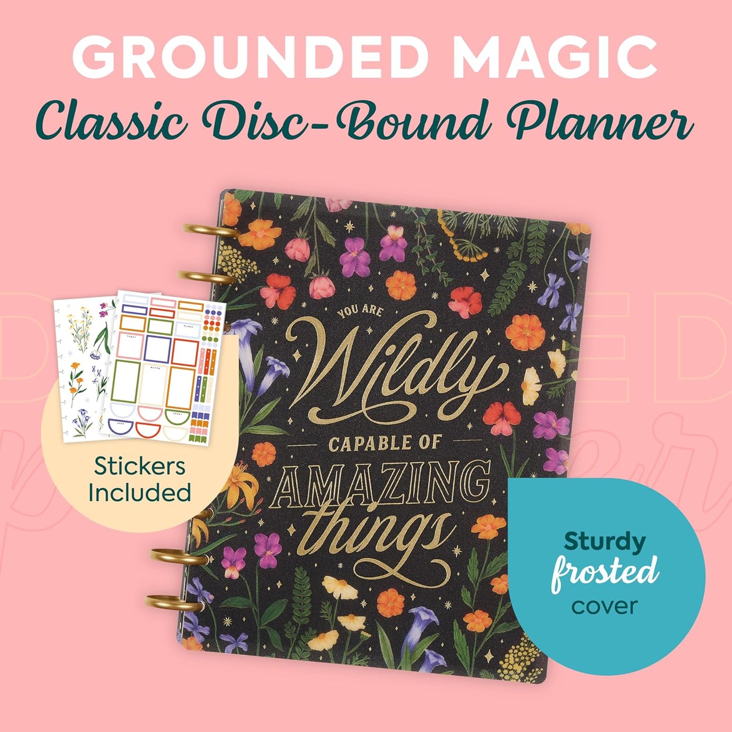 Happy Planner Disc-Bound Planner Jan.–Dec. 2026, Includes 3 Extra Months and 2 Sticker Sheets, Classic Size, 7" x 9.25", Dashboard Layout, Grounded Magic