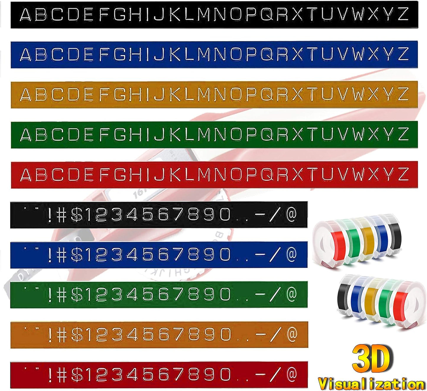 Embossing Label Tape Compatible with Dymo Label Maker,3/8 Inch 3D Plastic Labels Replacement for Dymo Organizer Xpress 12965 DYM 12966 Office Mate II (White on Black/Red/Blue/Yellow/Green)