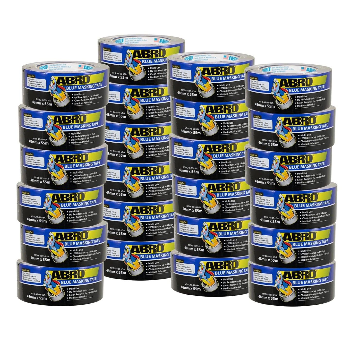 ABRO 24 Pack Blue Painters Tape 2 Inch Wide, 48mm x 55M, All Purpose Blue Tape Temporary Labeling, Easy Tear, Clean Removal, Masking Tape
