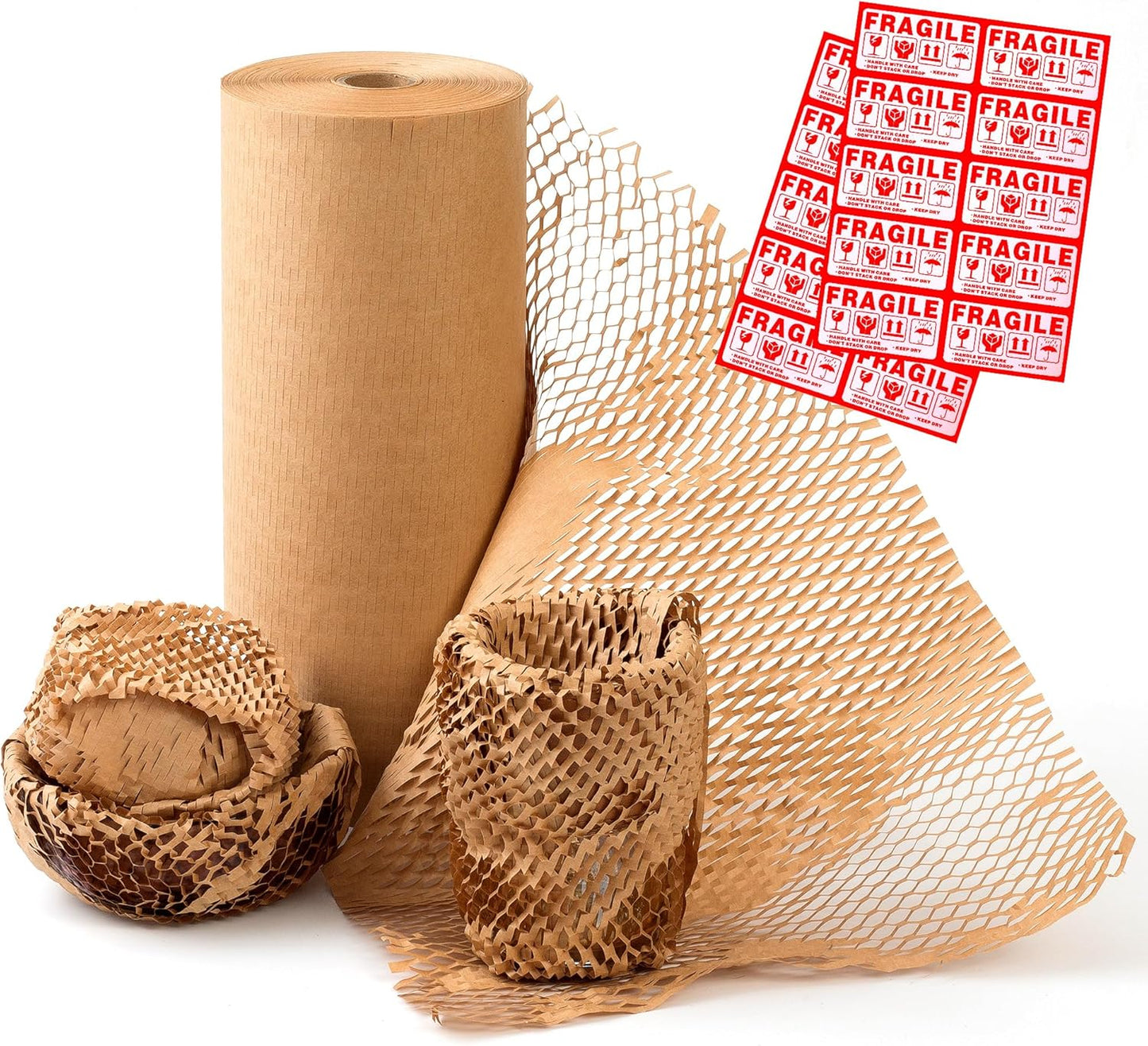 Honeycomb Packing Paper 15" Width X 300 FT for Moving Glass Dishes Recyclable Wrapping Paper Bubble Wrap Packing Material for Shipping Fragile Items Shipping Filler with 20 Fragile Stickers